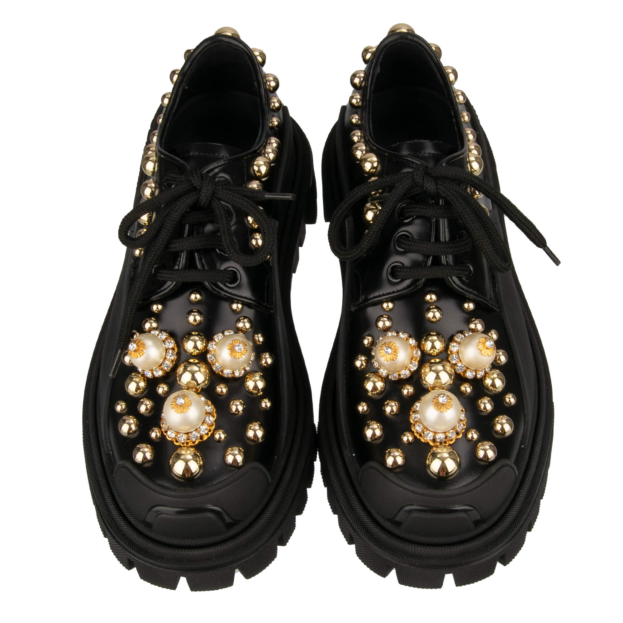 Classic leather shoes MILLENIALS with pointy toe shape and crystals embroidery in black by DOLCE & GABBANA