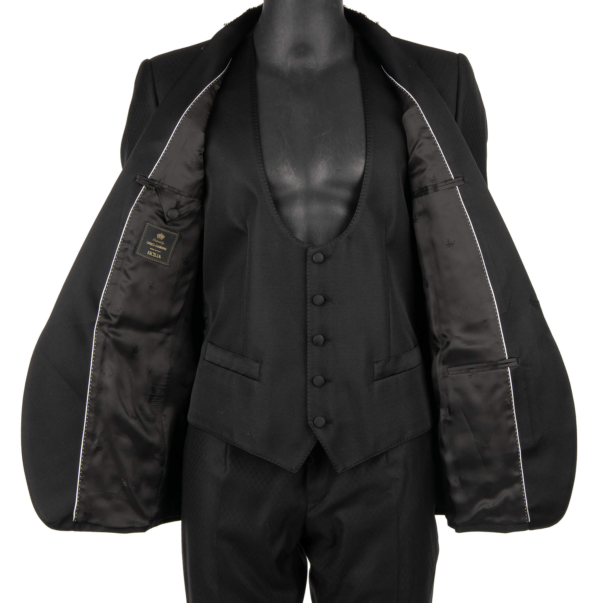 Wool an Silk Blend 3 piece suit with crystals, pearls and sequin embroidered shawl lapel in silver, purple and black by DOLCE & GABBANA