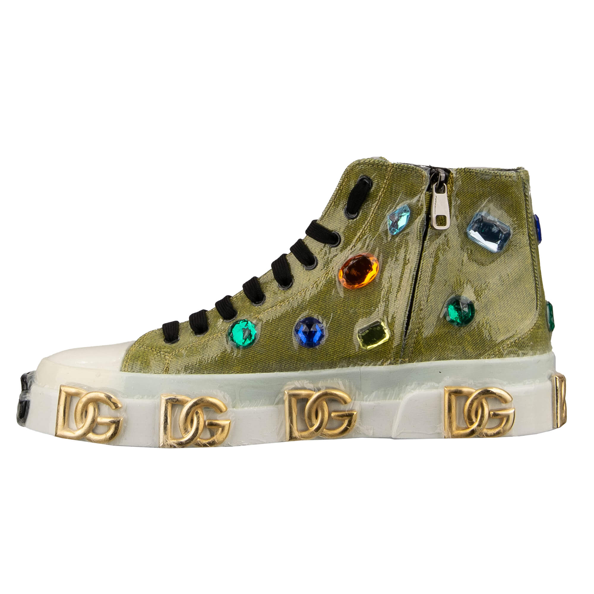 High Top Denim Stoff und Leder Sneaker PORTOFINO mit DG Gold Logos und Kristallen in Grau und Weiß von DOLCE & GABBANA