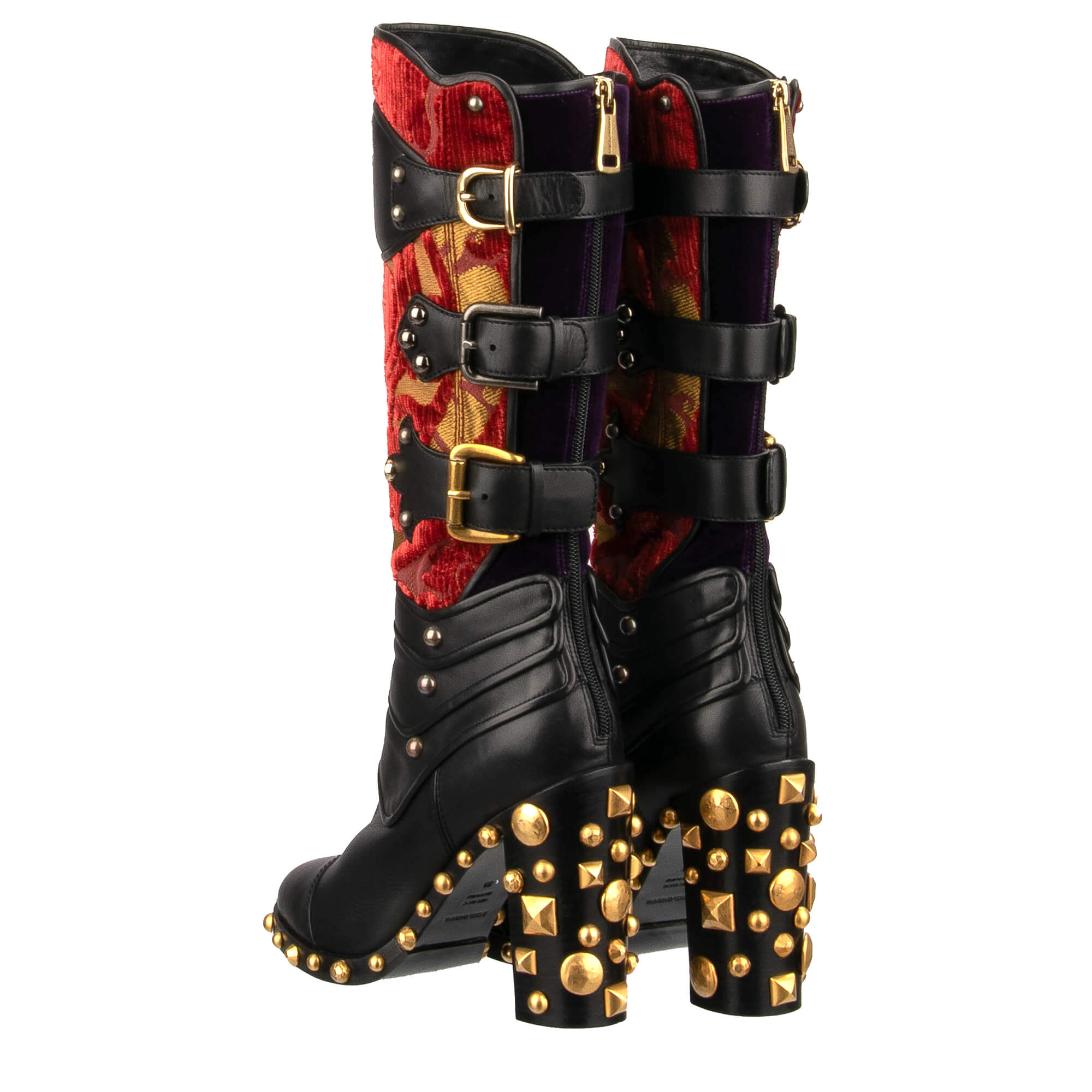 Stiefel BIKER aus Samt, Barock Jacquard und Leder mit Nieten in Schwarz, Ror und Lila von DOLCE & GABBANA