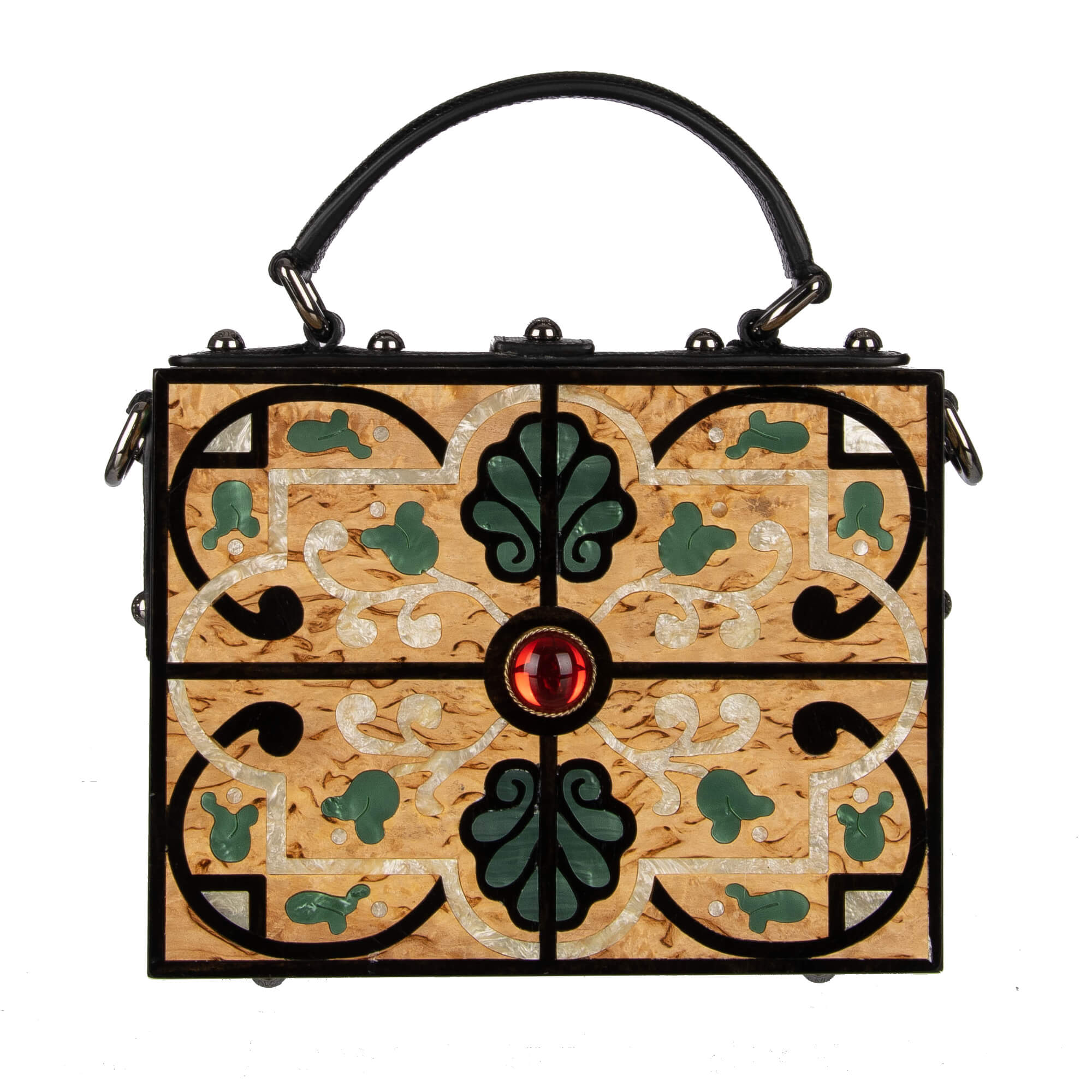 Einzigartige handgemachte und bemalte Tasche / Clutch / Schultertasche DOLCE BOX aus Holz mit dekorativem Schloss. großen Kristallen und Schulterriemen mit Eidechse Textur von DOLCE & GABBANA