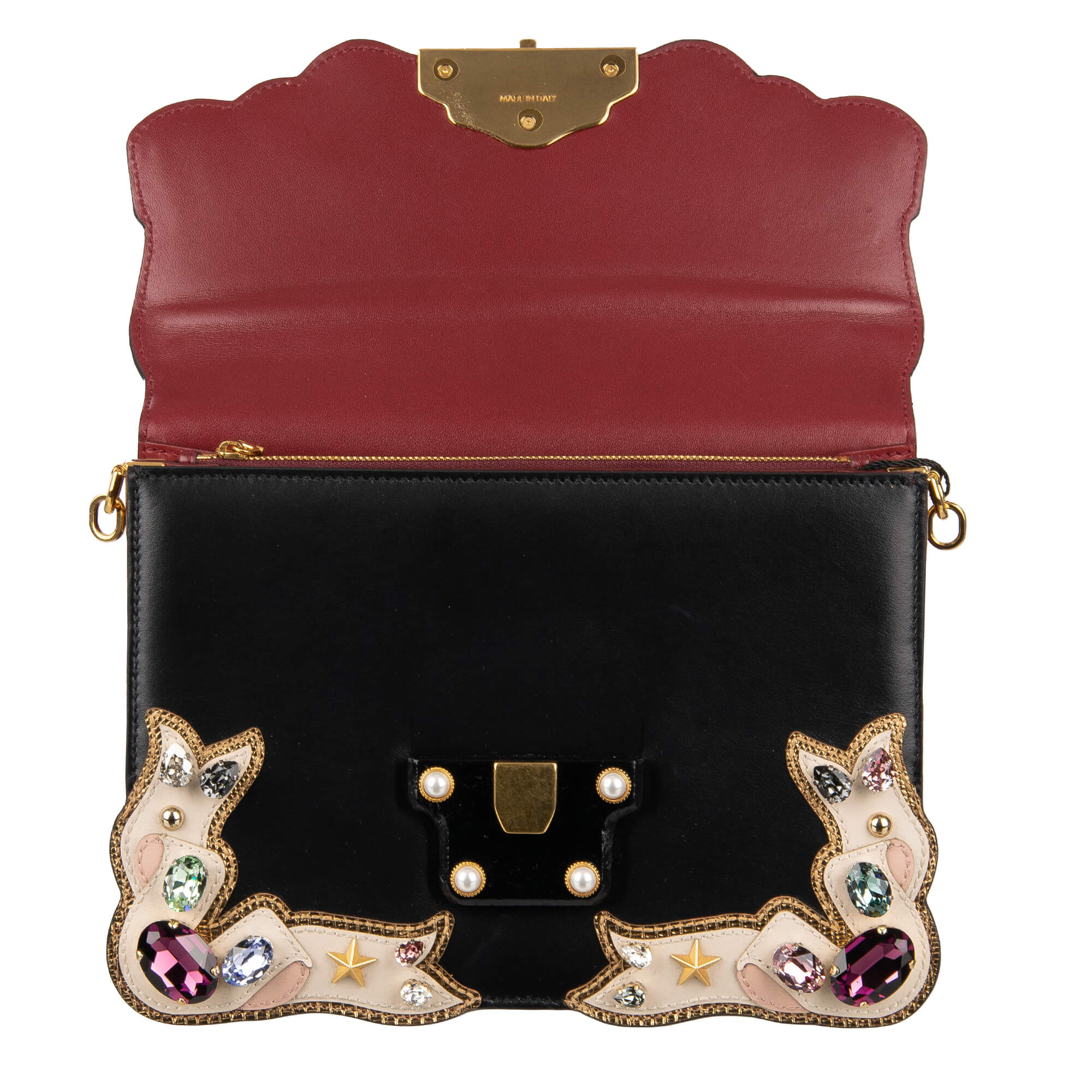 Beschmückte Schultertasche LUCIA Fashion Sinner mit mehrfarbigen Kristallen, Nieten, DG Logo, besticktem Schulterriemen "Queen of Love" von DOLCE & GABBANA