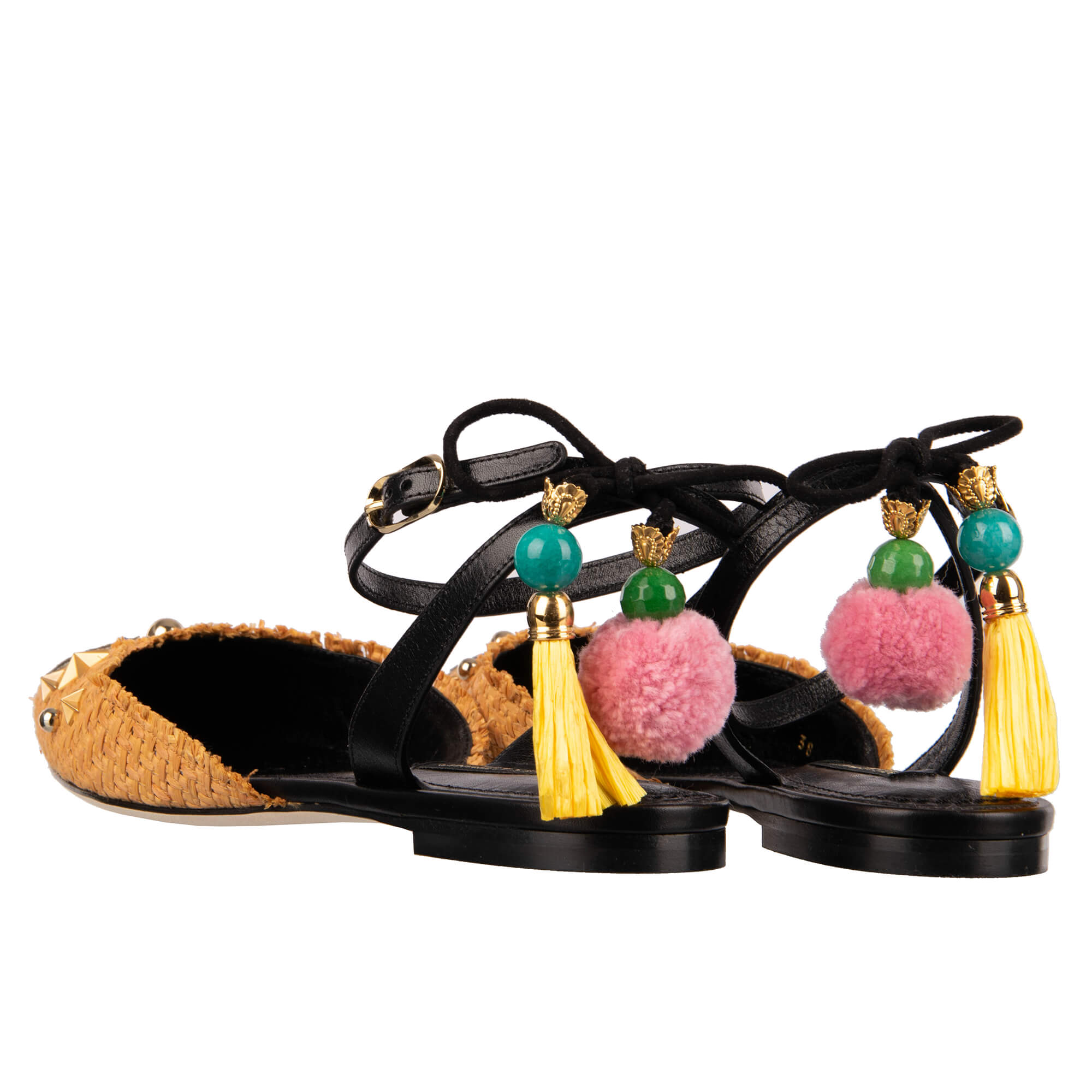 Flache Slingback Schuhe BELLUCCI aus Leder und Bast mit Nieten, Pom-Poms und Anker Applikation von DOLCE & GABBANA
