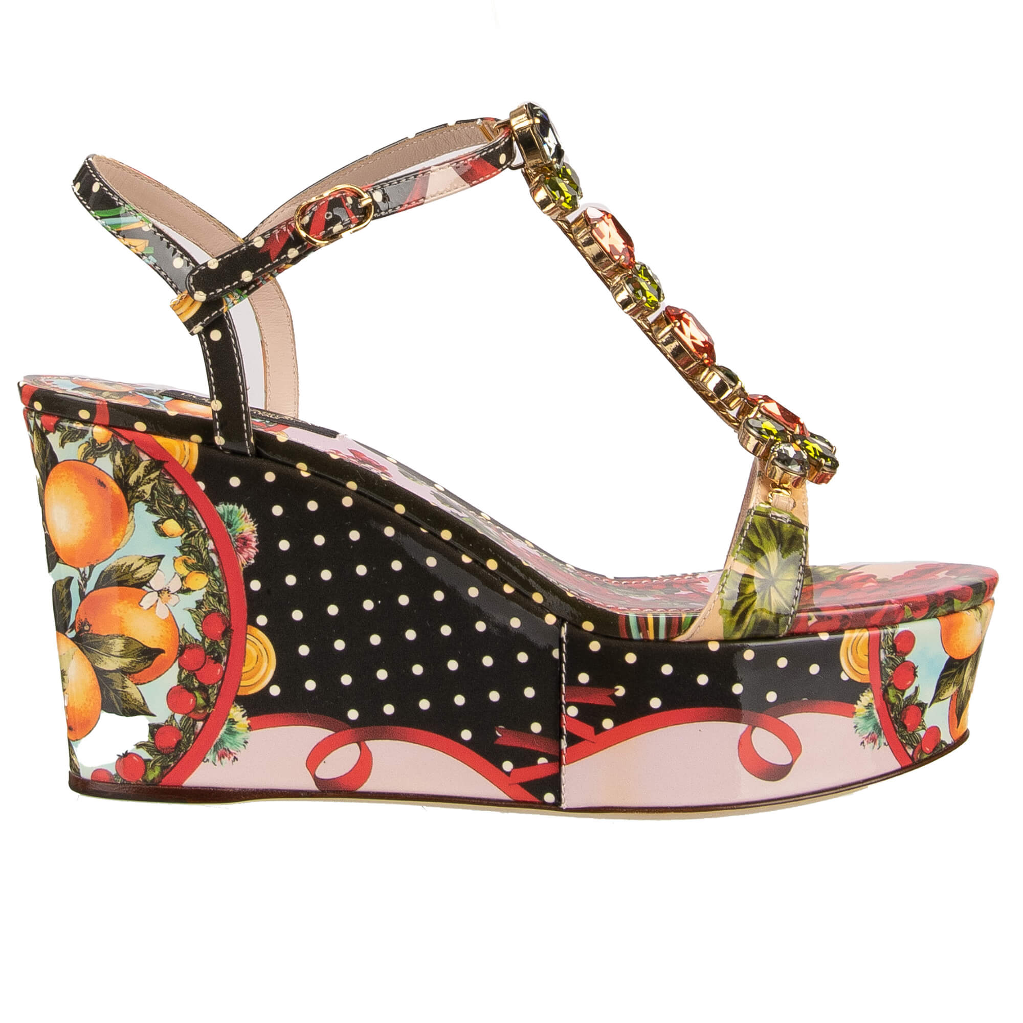 Lackleder Plateau Sandalen / Wedges BIANCA mit mehrfarbigen Kristallen, Orangen, Geranium und Polka Dot Print von DOLCE & GABBANA