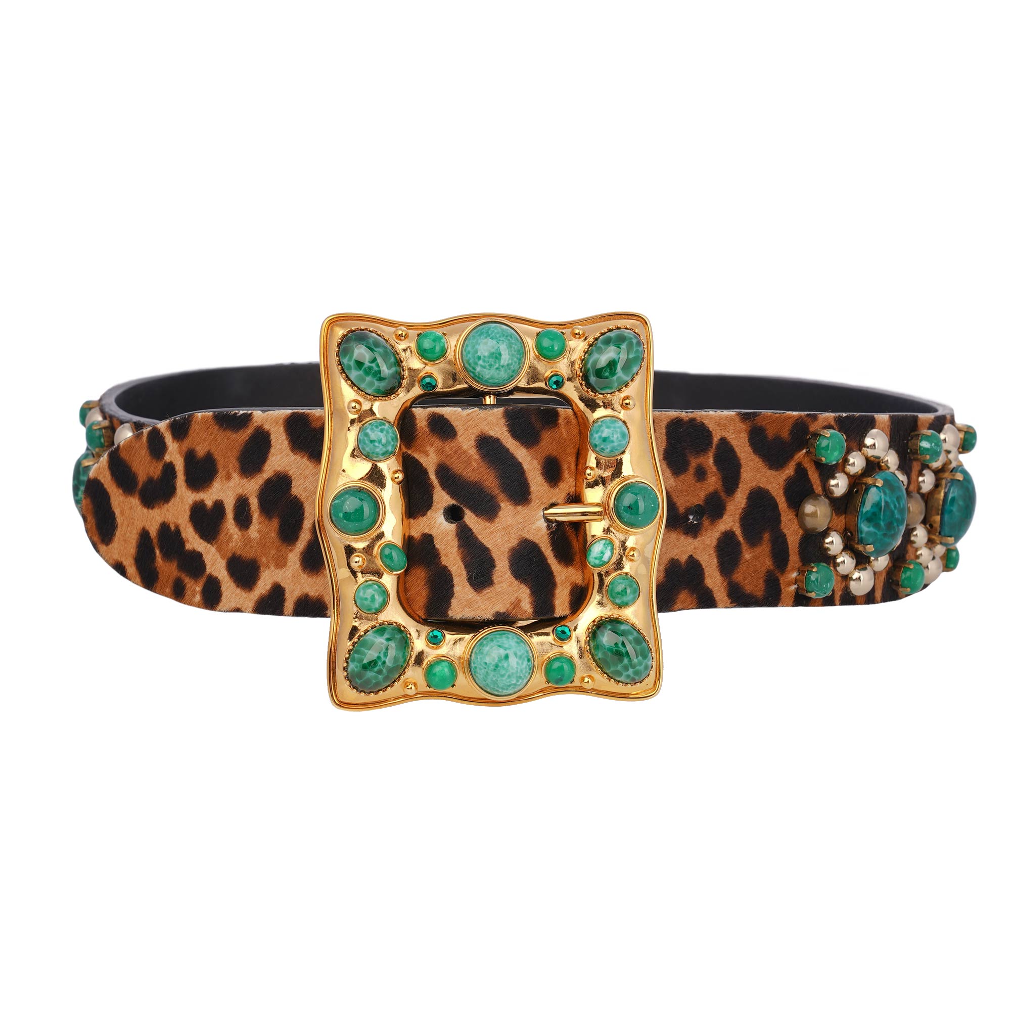 Perlen Leopard Pelz Leder Gürtel Braun Grün Gold 80 32 S