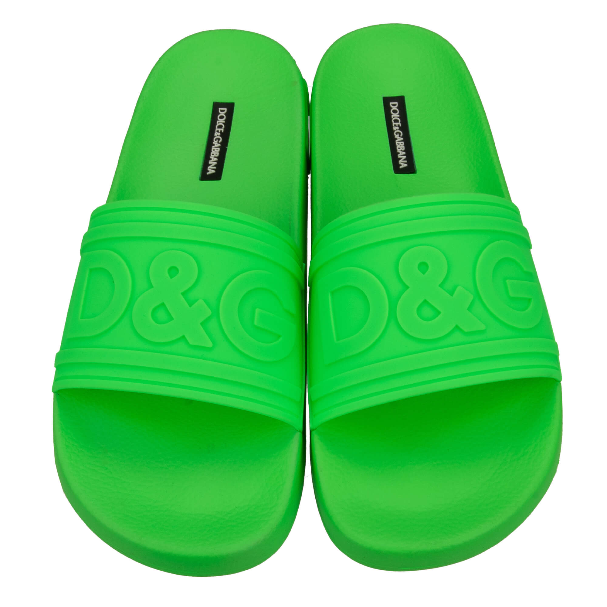 Slides Sandals with a D&G Front Logo and large Logo insert at the sole in neon green by DOLCE & GABBANA 