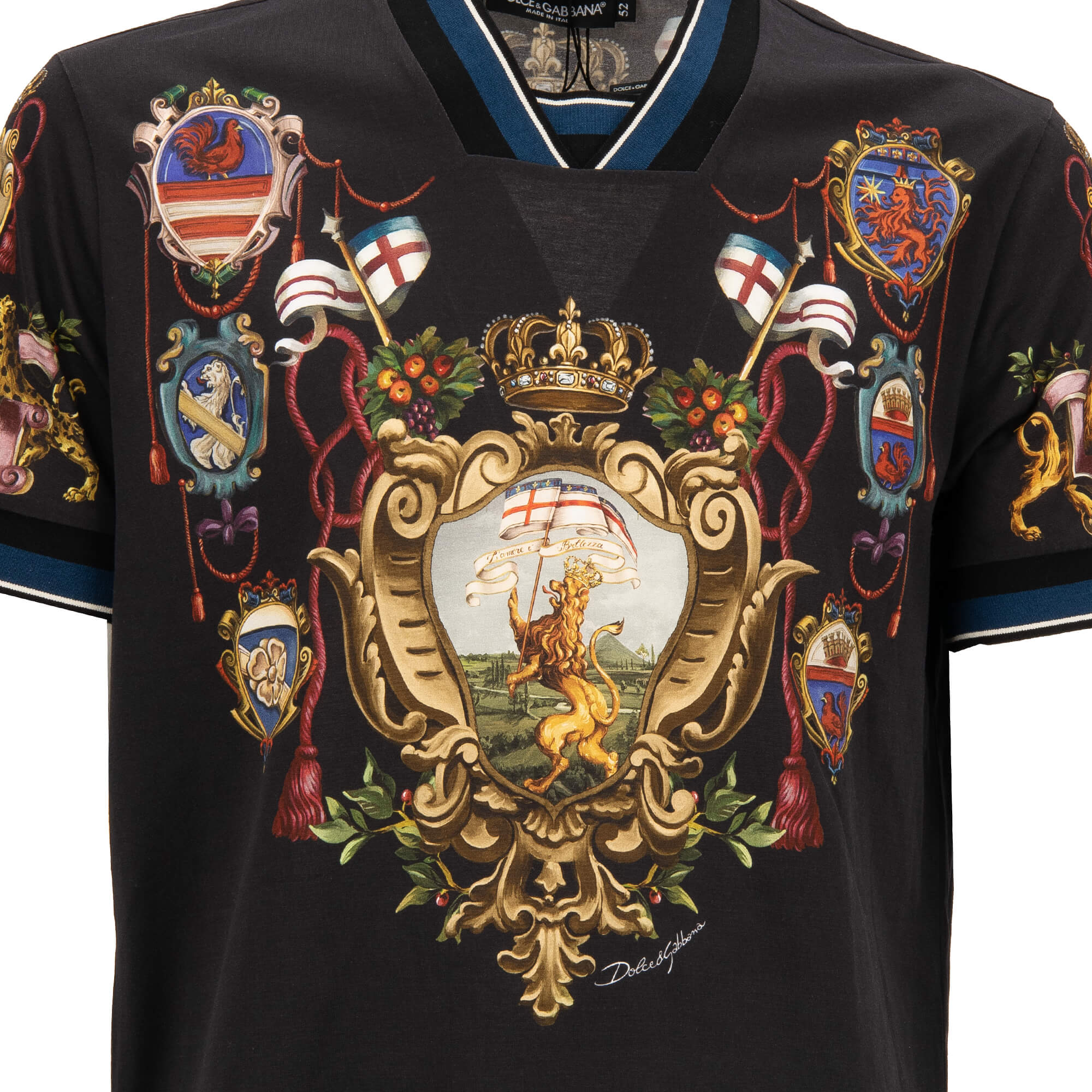 Baumwolle T-Shirt mit Royal Wappen Krone Löwe Print und gerippten Details in Schwarz von DOLCE & GABBANA