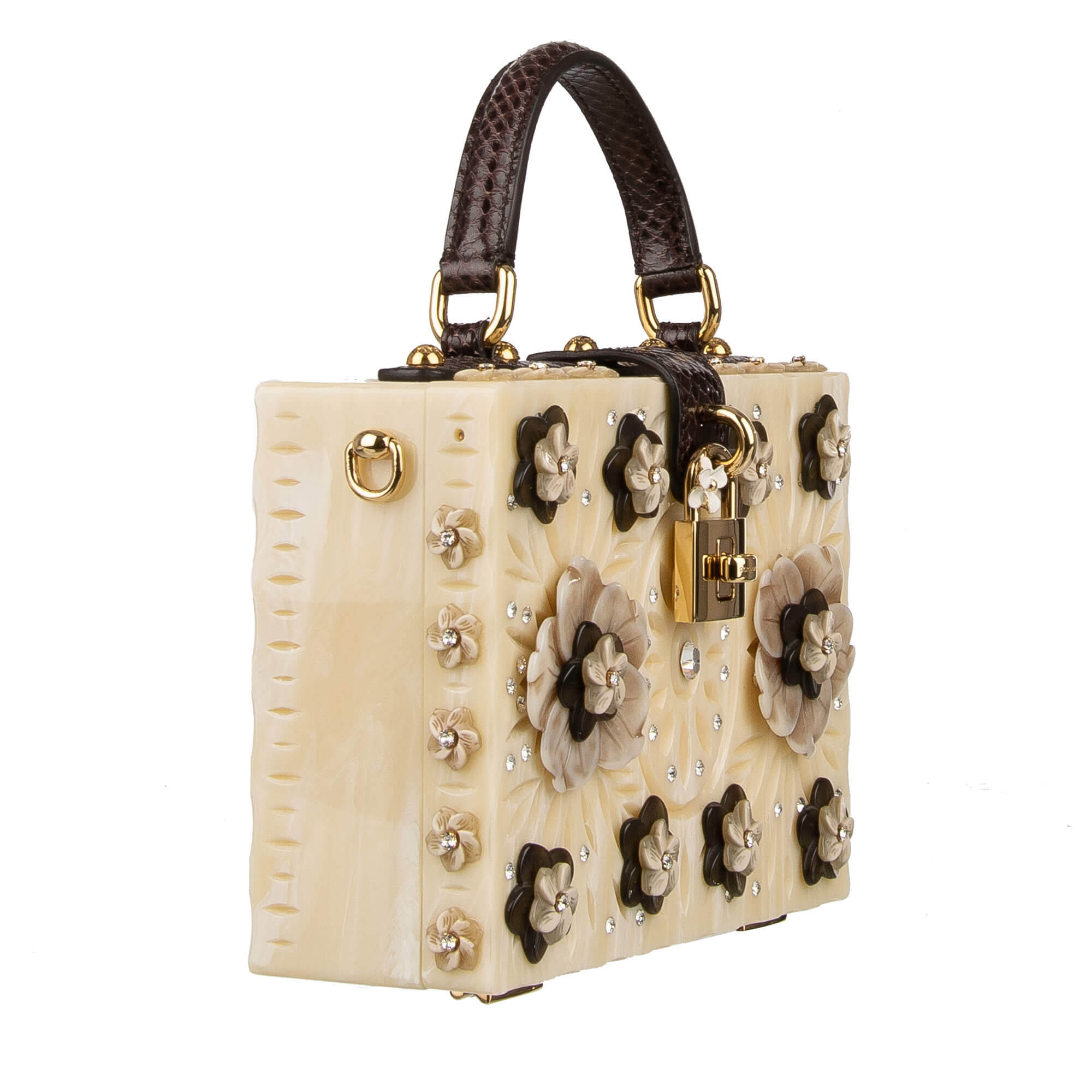 Handcrafted bag / shoulder bag / clutch DOLCE BOX with floral embellishments, crystals, snakeskin details and decorative padlock with enamel flower by DOLCE & GABBANA