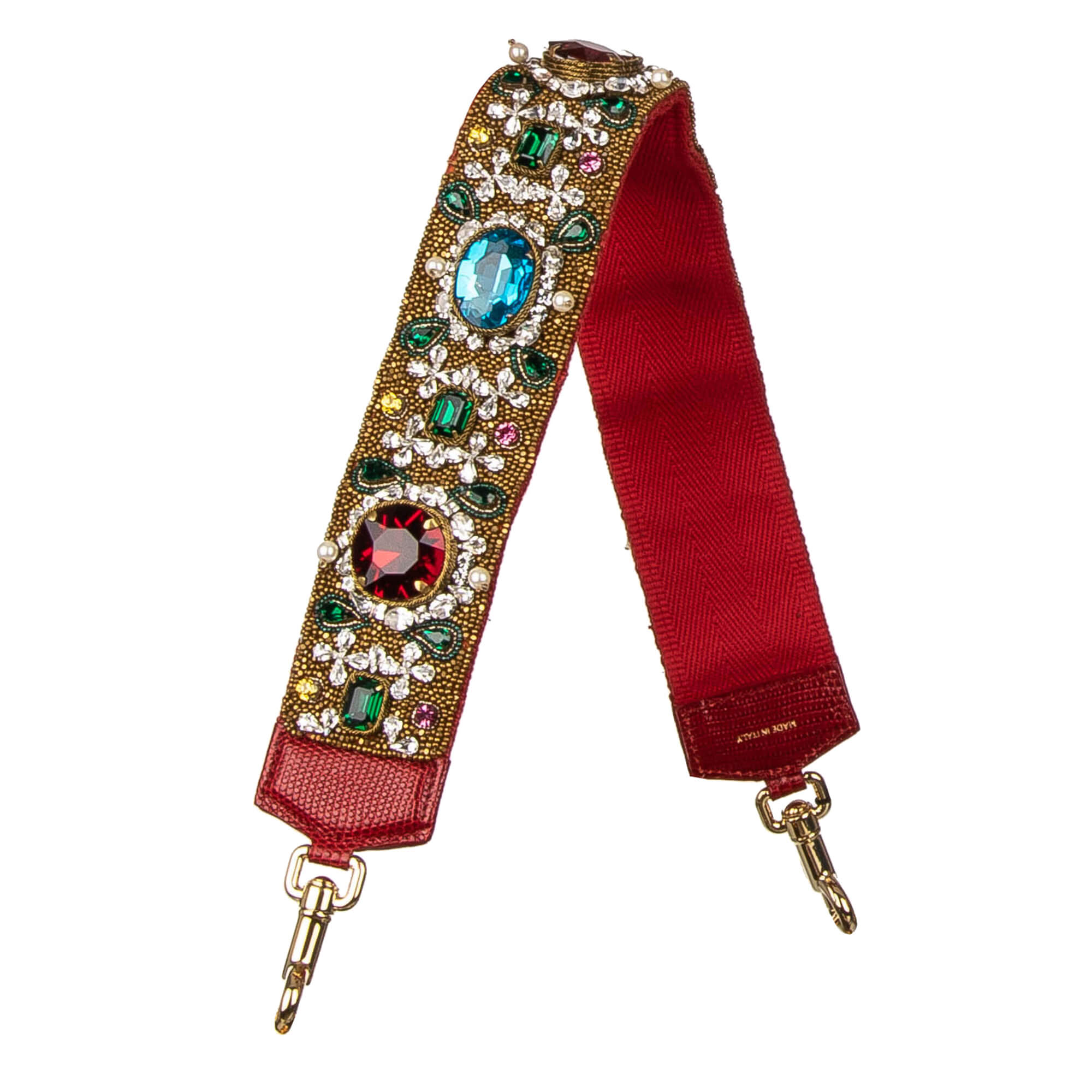 Schulterriemen für Tasche aus Baumwolle und Raffia in Rot und Gold verziert mit Perlen und Kristallen Handstickerei von DOLCE & GABBANA