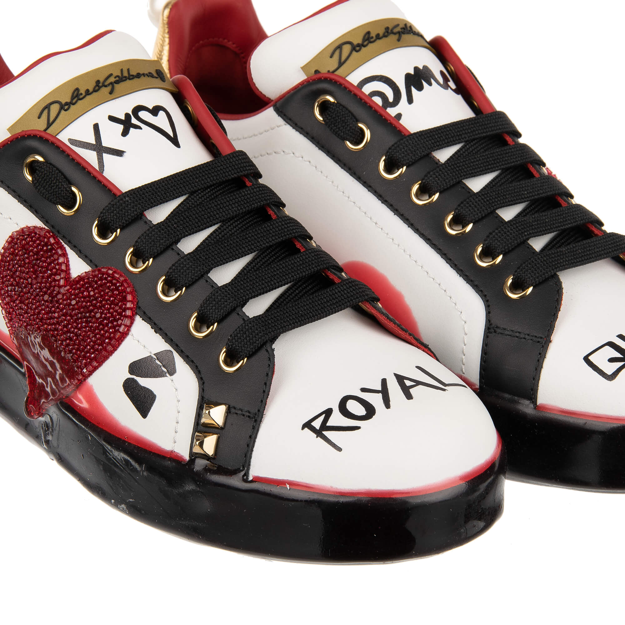 Leather Sneaker PORTOFINO with Pearls heart, studs, crystals, Royal Queen Graffiti and pearl on the back in black, gold, red and white by DOLCE & GABBANA