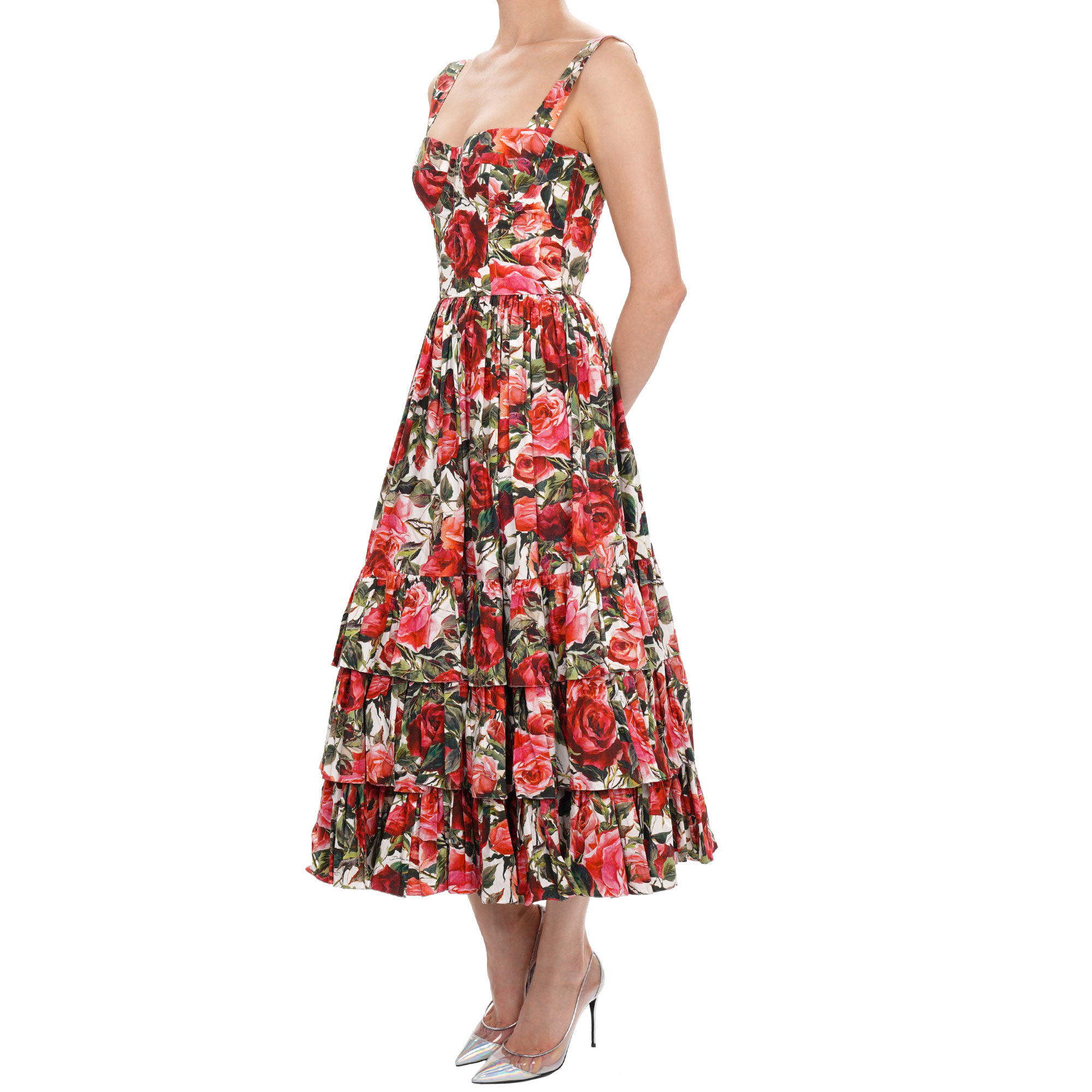 Langes Korsett Kleid aus Baumwolle mit Rosen Blumen Print in Weiß, Pink und Rot von DOLCE & GABBANA
