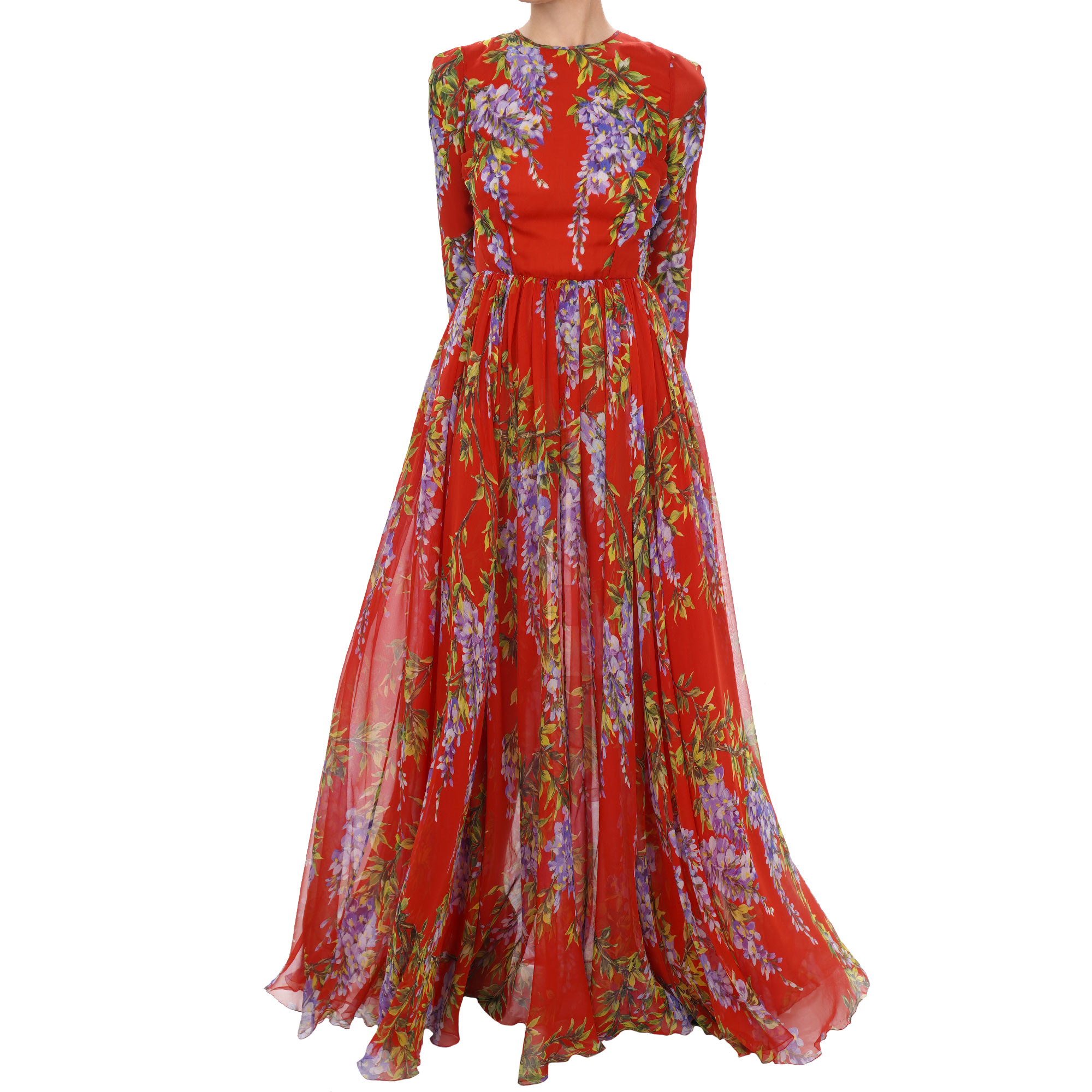 RUNWAY Wisteria Flower Maxi Train Silk Dress Red Purple 40 US 4 S 