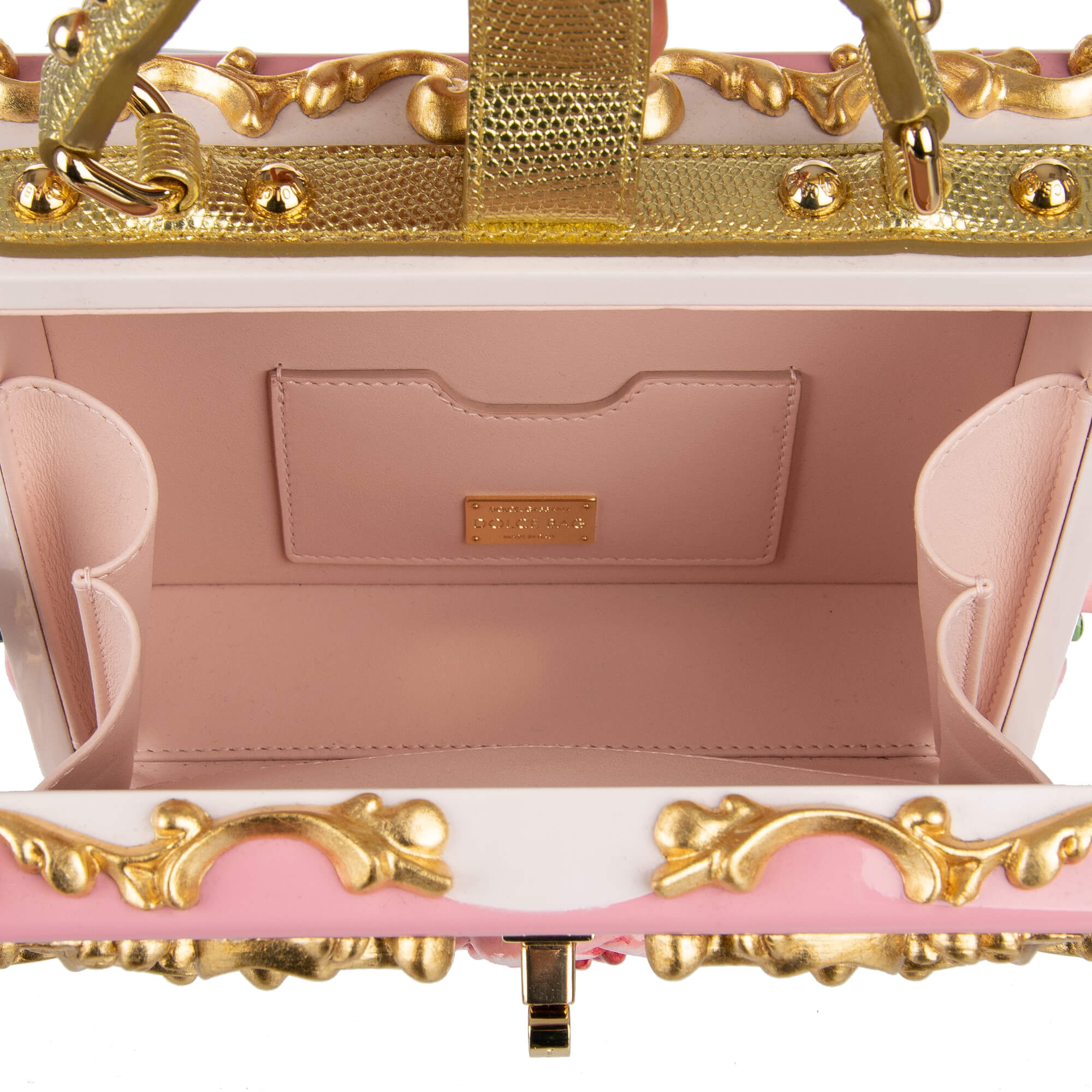 Ceramic vases inspired, hand-painted Top Handle Clutch Bag / Handbag DOLCE BOX made of wood with embossed roses and studs and decorative padlock with enamel flower by DOLCE & GABBANA