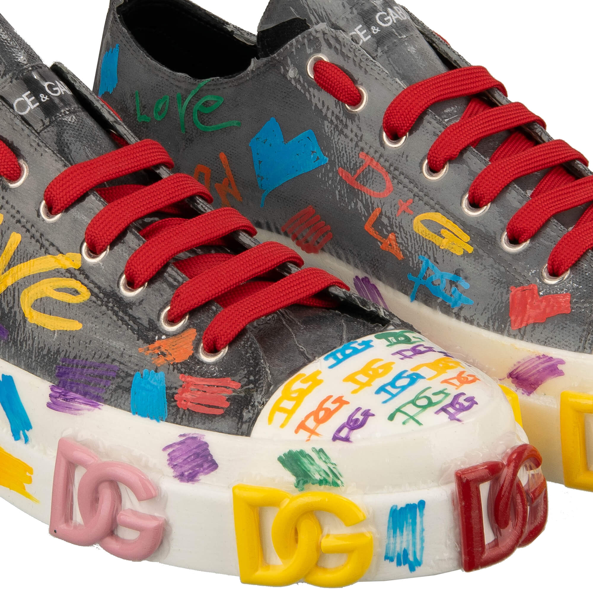 Graffiti Herren Low Top Stoff und Leder Sneaker PORTOFINO mit DG Gold Logo und Plastik Folie Design in Grau und Weiß von DOLCE & GABBANA