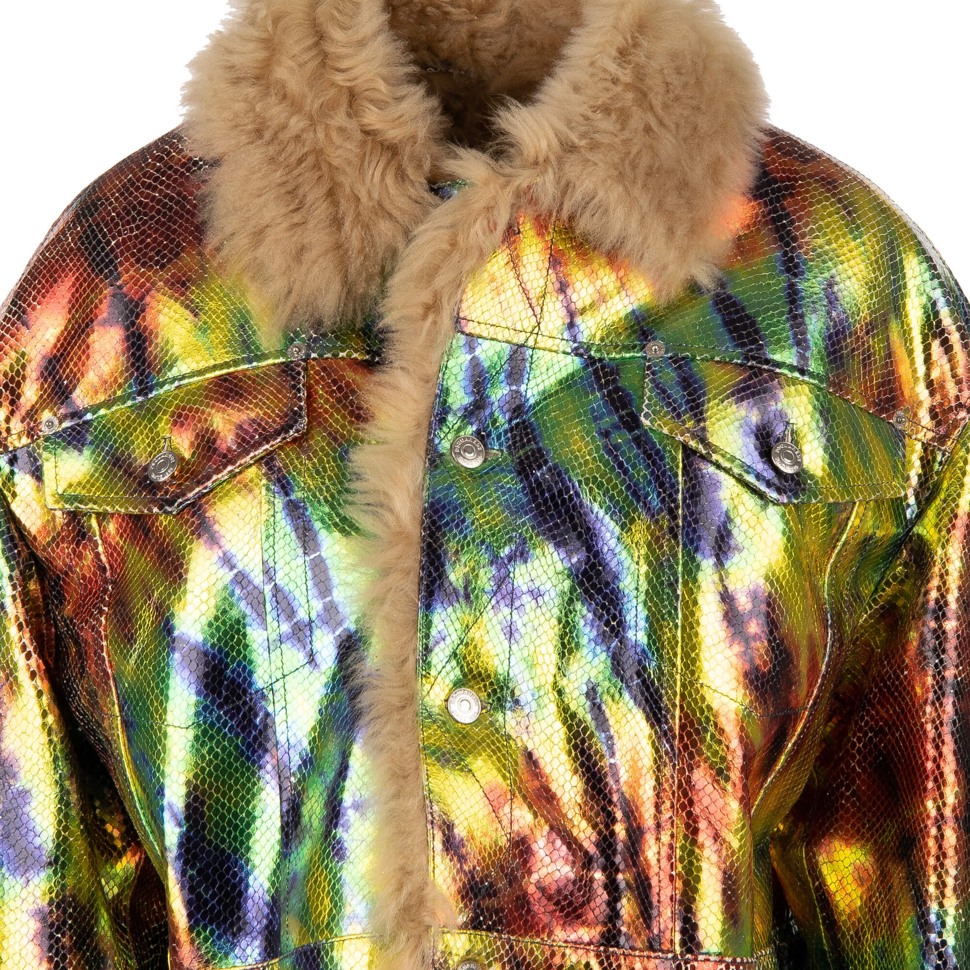 Jacke / Parka aus Leder und Pelz mit Perlen Stickerei in Rot, Schwarz und Grün von DSQUARED