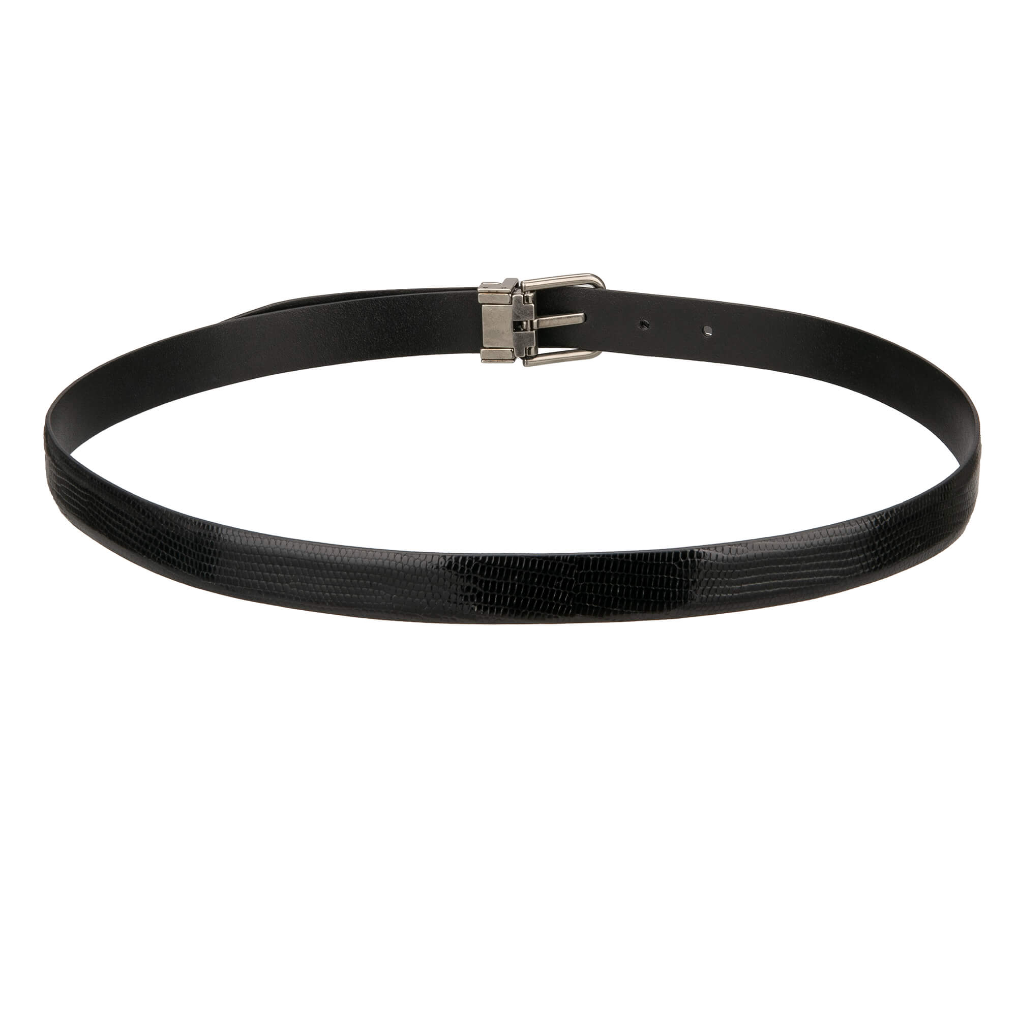 Lizard leather belt with antique silver metal buckle in black by DOLCE & GABBANA