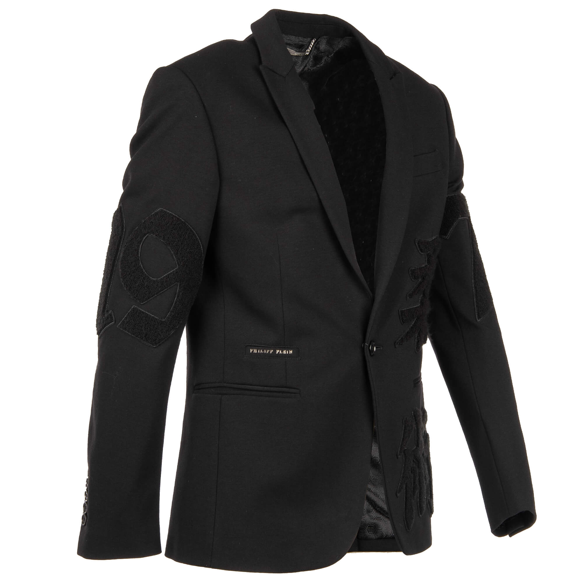 Blazer SPECIAL TWO with embroidered hieroglyphs, embroidered logo on leather at the back and logo in front by PHILIPP PLEIN