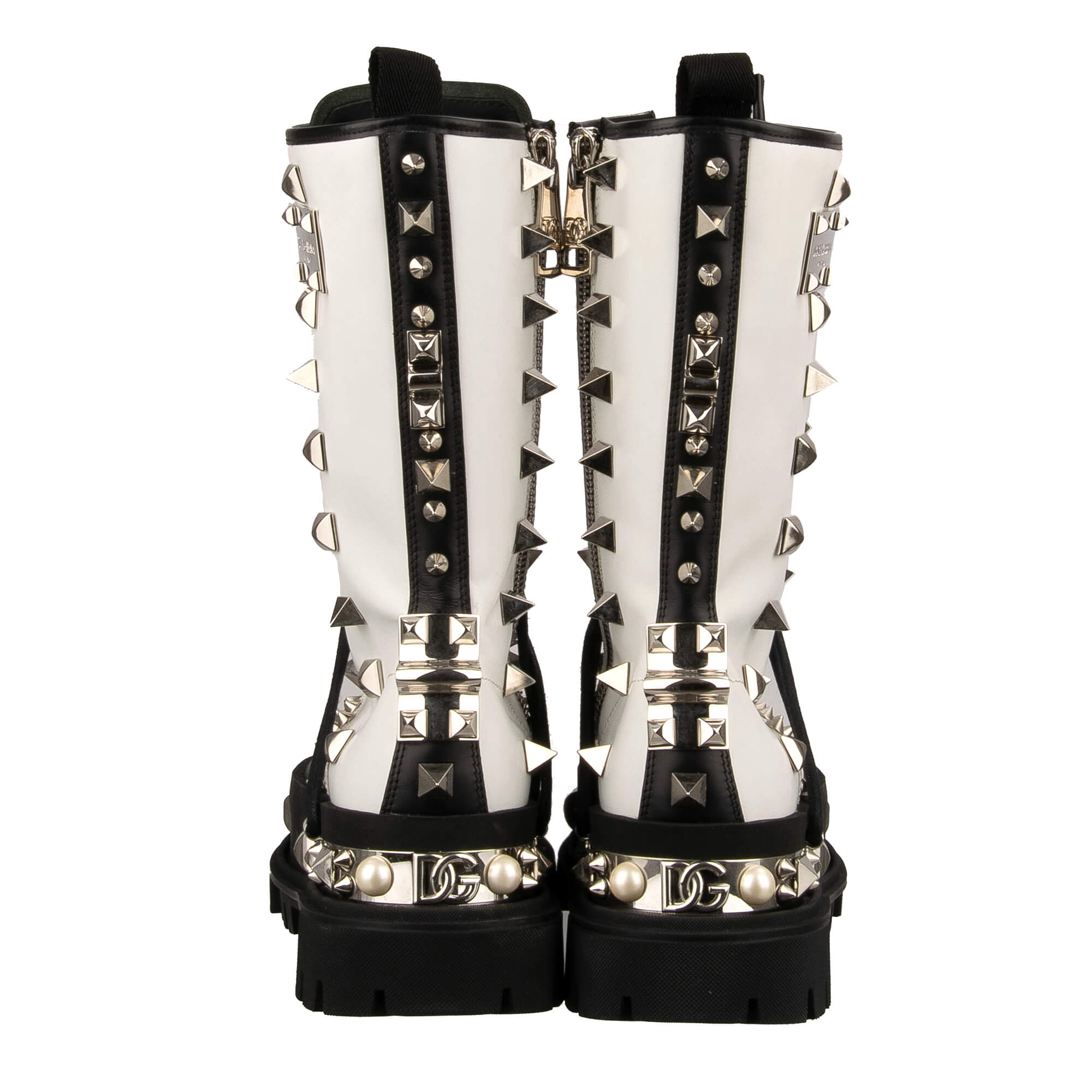 Massive Leder Hi Trekking Plateau Trekking Combat / Biker Stiefel mit überall verteilten Nieten, Perlen und DG Logo in Schwarz und Weiß von DOLCE & GABBANA