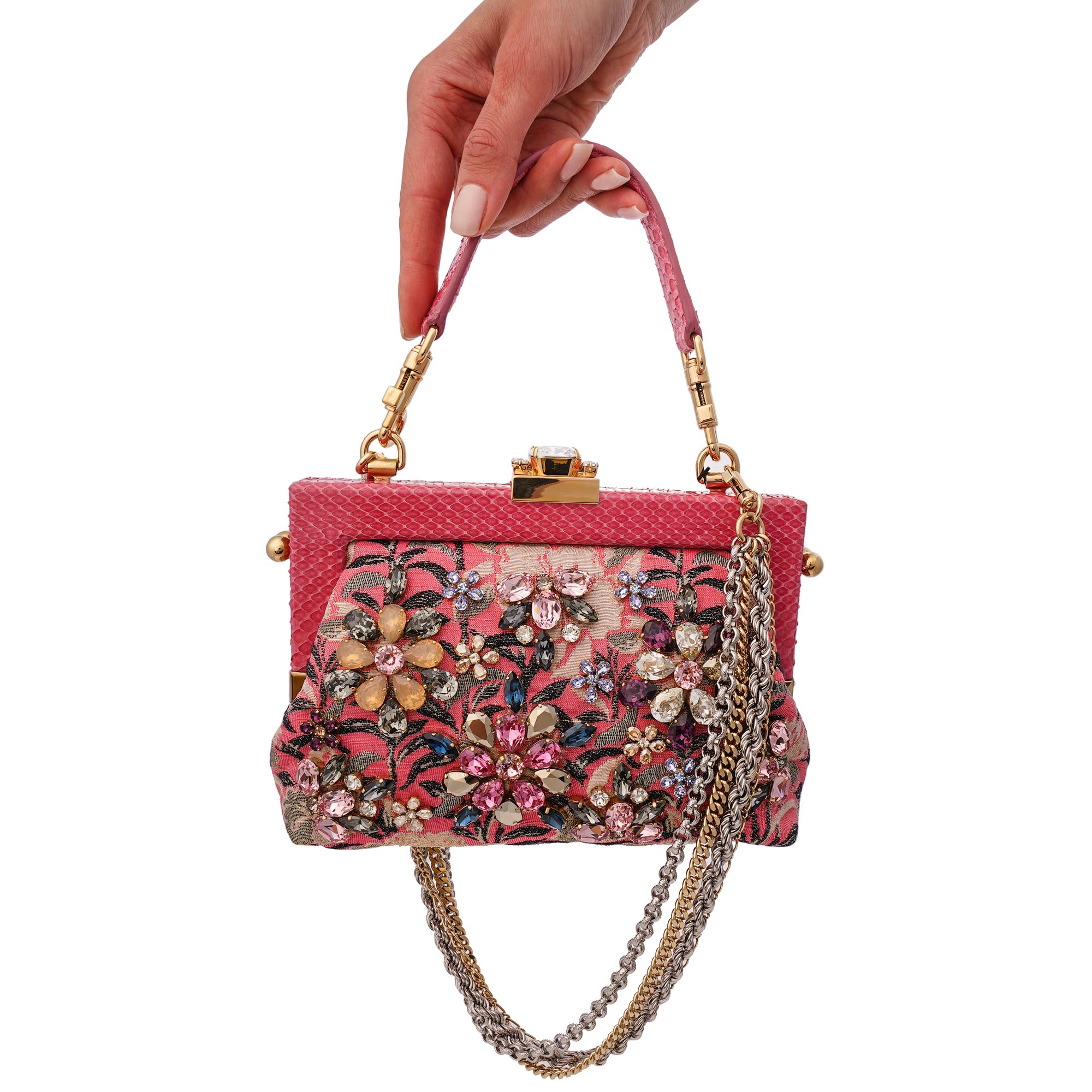 Einzigartige Clutch / Abendtasche VANDA aus Jacquard und Schlangenleder mit Kristallen, Kettenriemen und Griff aus Schlangenleder von DOLCE & GABBANA