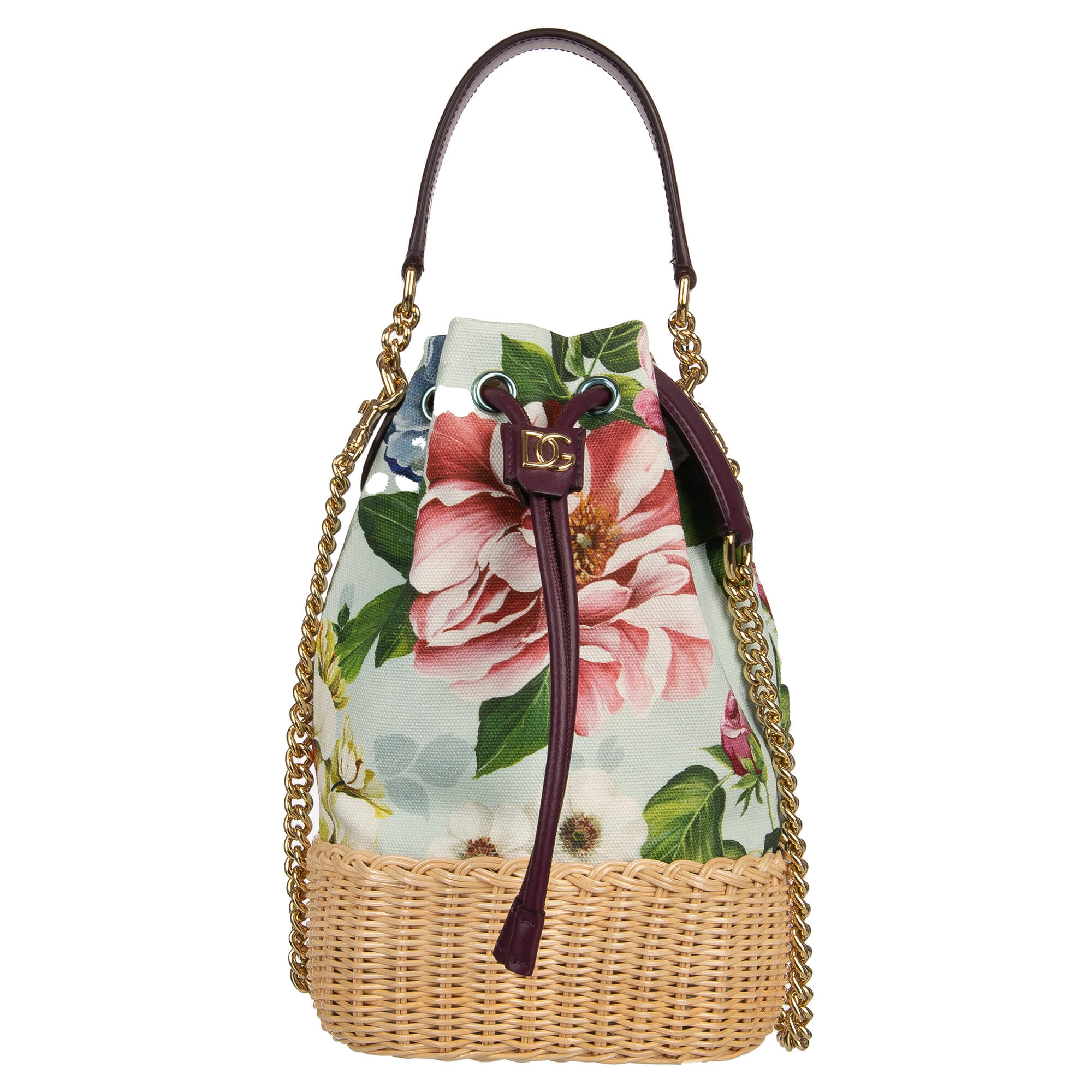 Beutel Tasche / Handtasche DG MILLENNIALS Bag aus Canvas und Wickel Stroh mit Blumen Print und Kordel Verschluss mit DG Logo von DOLCE & GABBANA