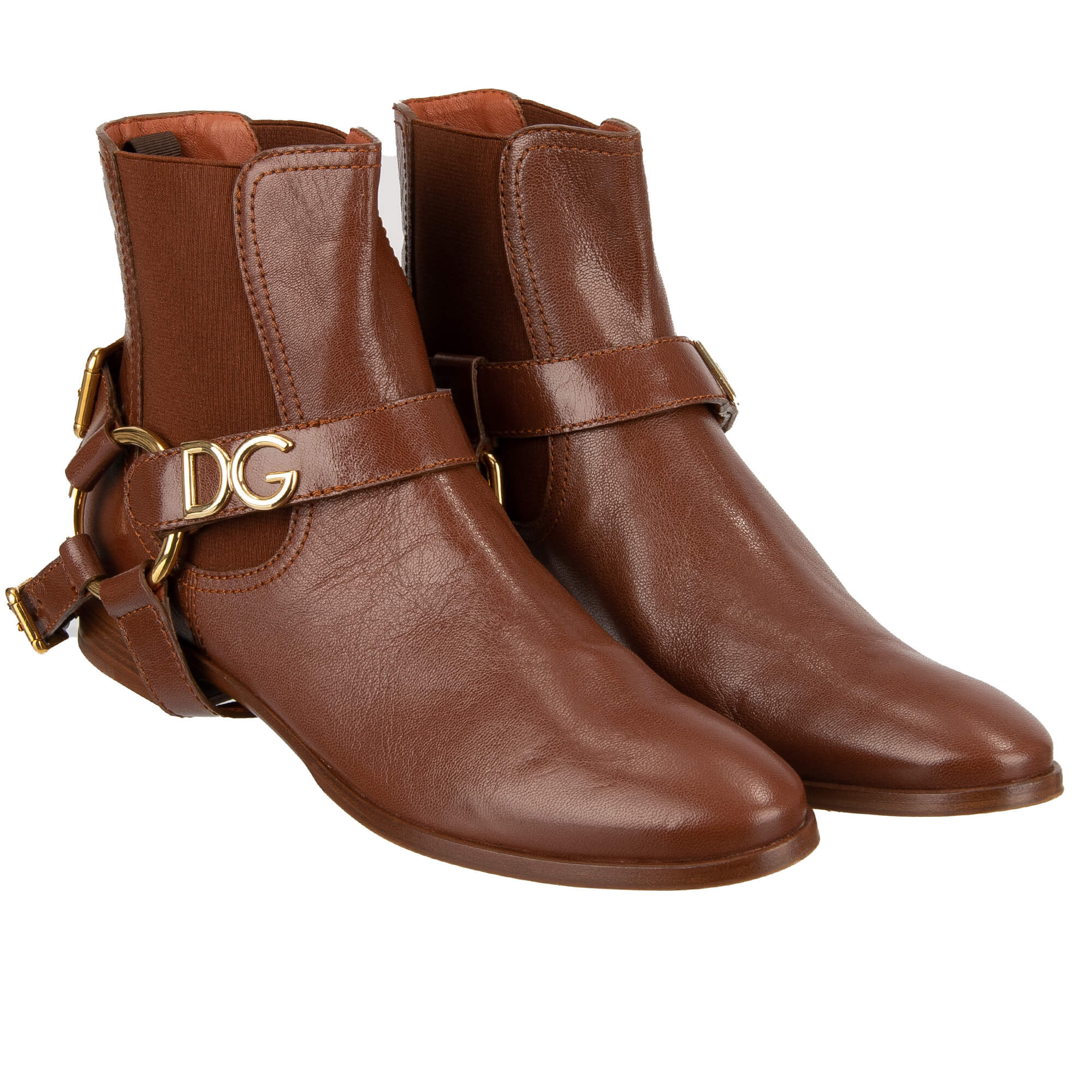 Leder Stiefelette / Boots NAPOLI mit DG Logo Schnallen in Gold und Braun von DOLCE & GABBANA