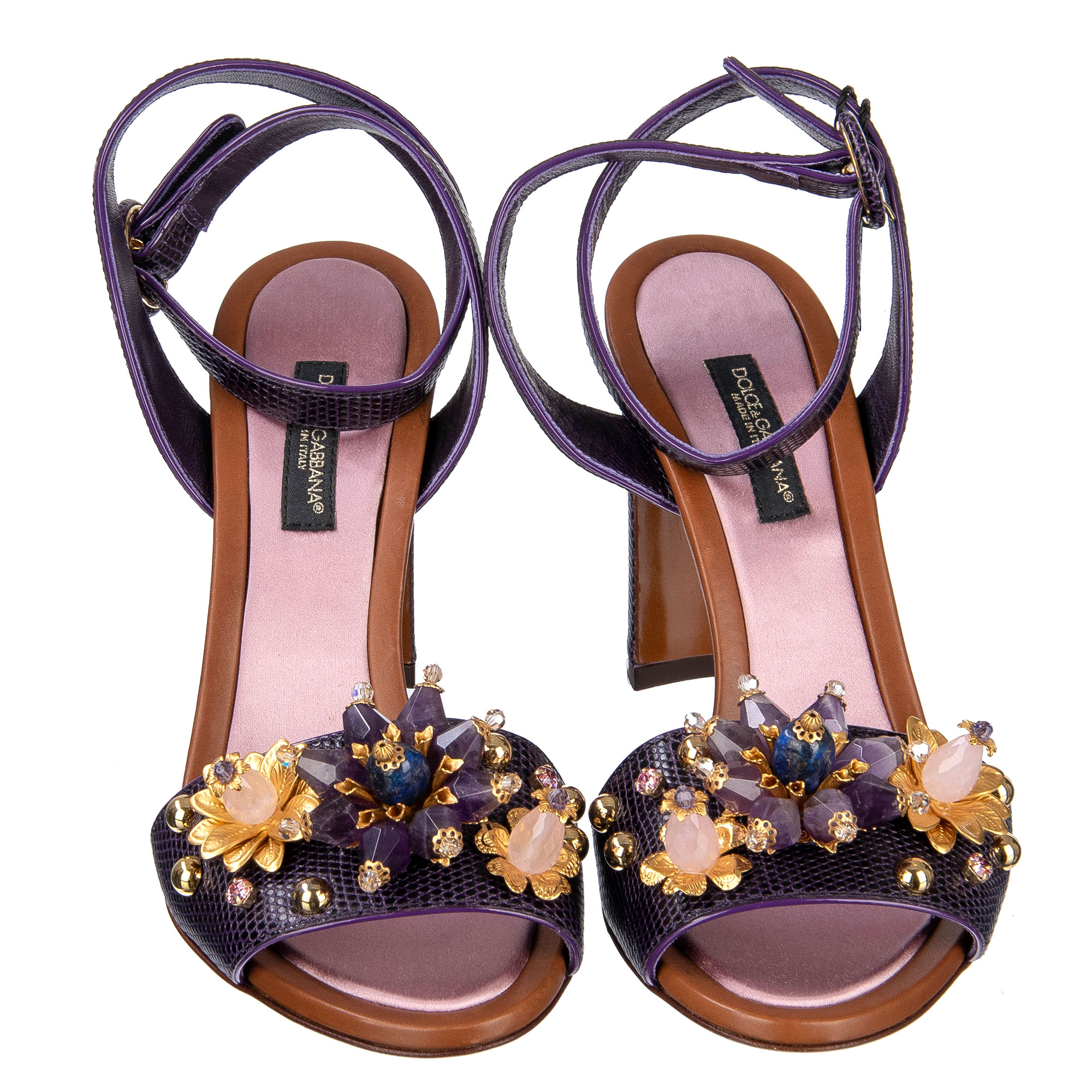 Eidechse Struktur Leder Riemen-Sandalen mit Kristall Blumen und Perlen in Lila von DOLCE & GABBANA 