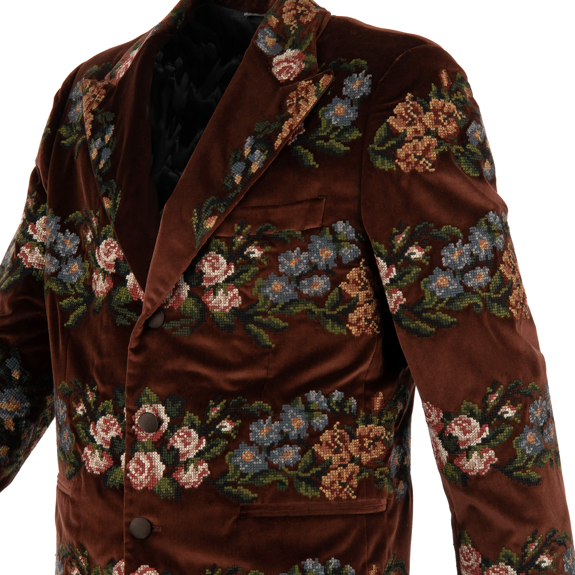 Velvet blazer with peak lapel and hand-embroidered flowers in brown by DOLCE & GABBANA