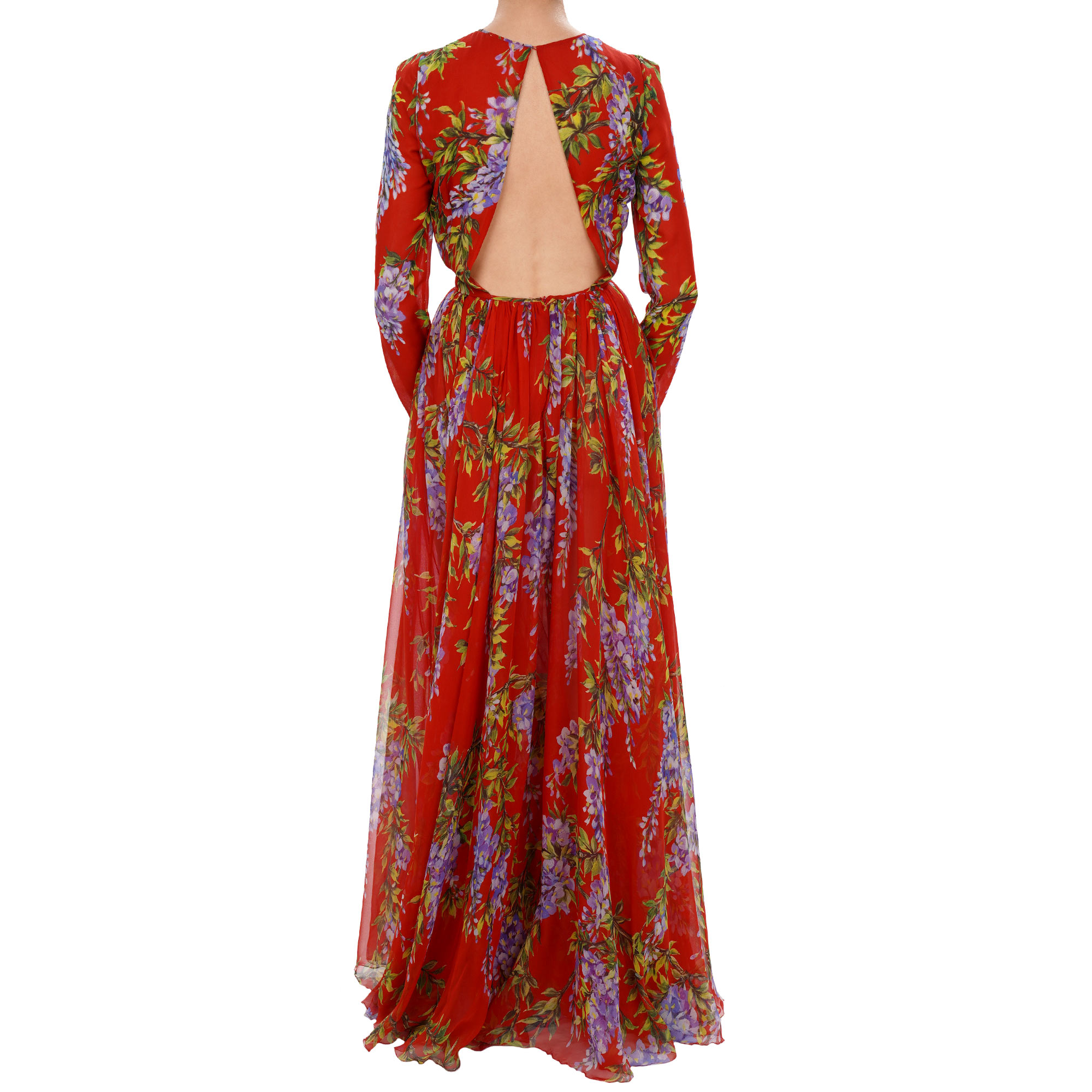 Wisteria flower print maxi silk dress with open back and tulle underskirt in red and purple by DOLCE & GABBANA