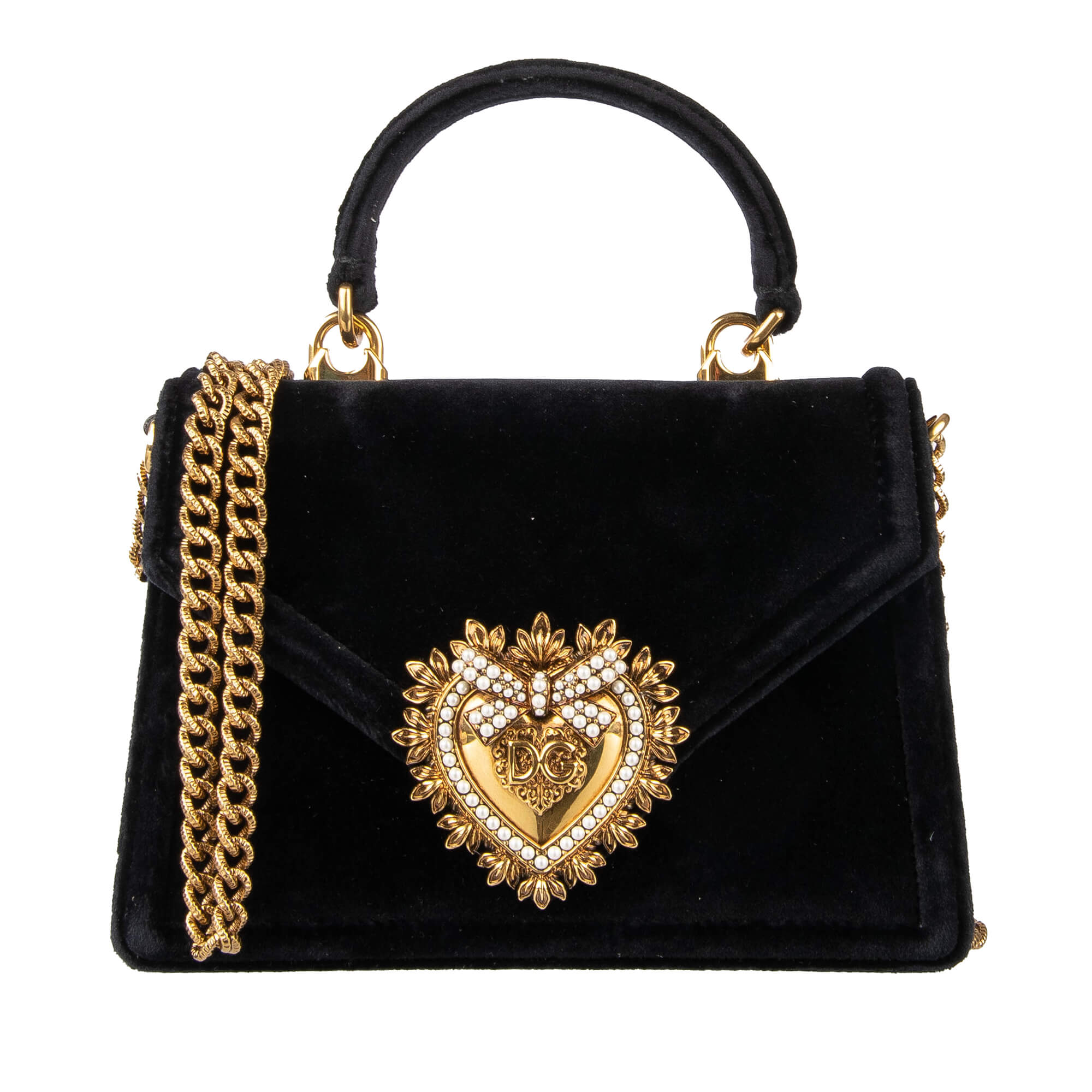 Top Handle / Crossbody Velvet Bag DEVOTION with a jeweled heart buckle with DG Logo and detachable metal chain strap by DOLCE & GABBANA