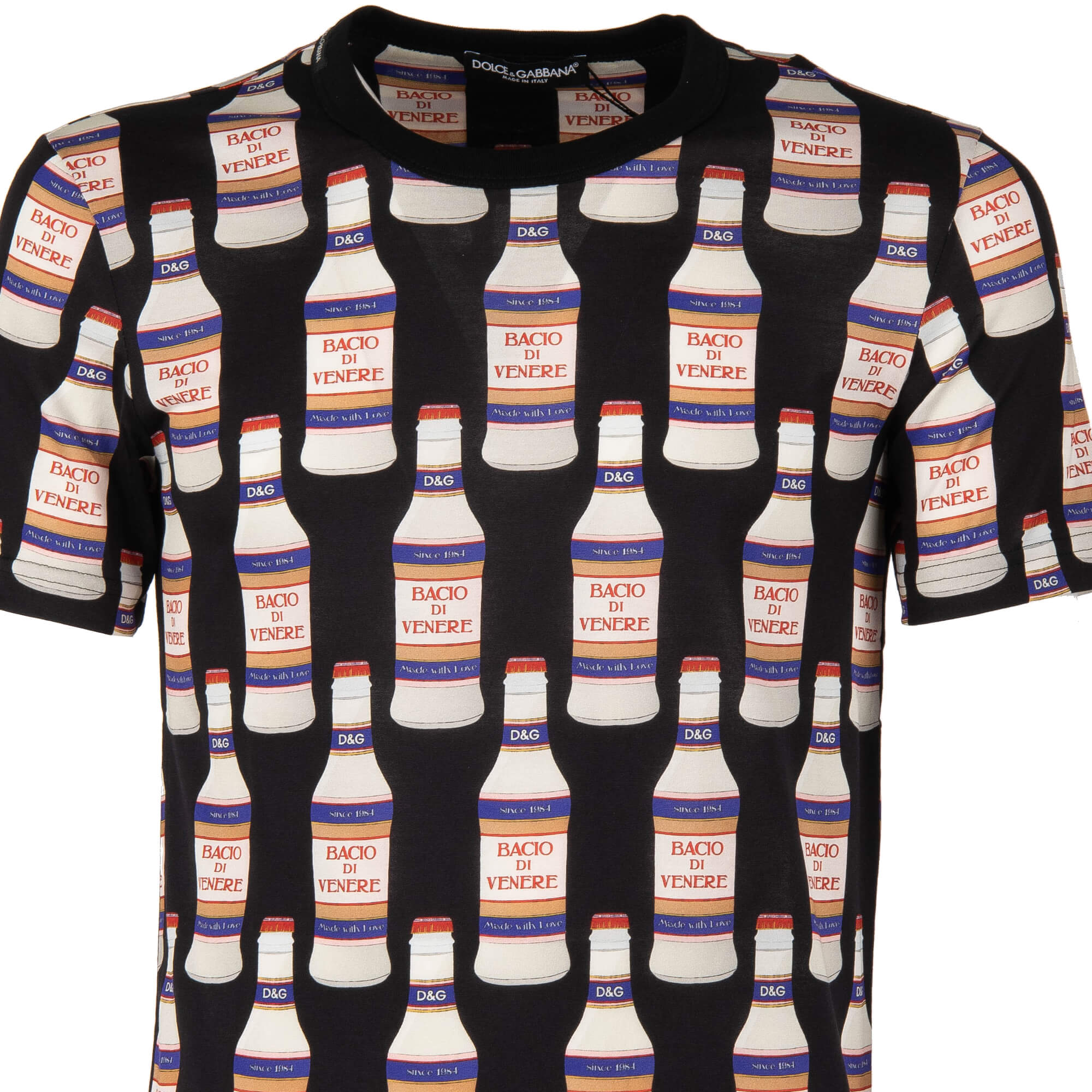 Cotton T-Shirt with Bacio Di Venere Bottles print and logo sticker by DOLCE & GABBANA