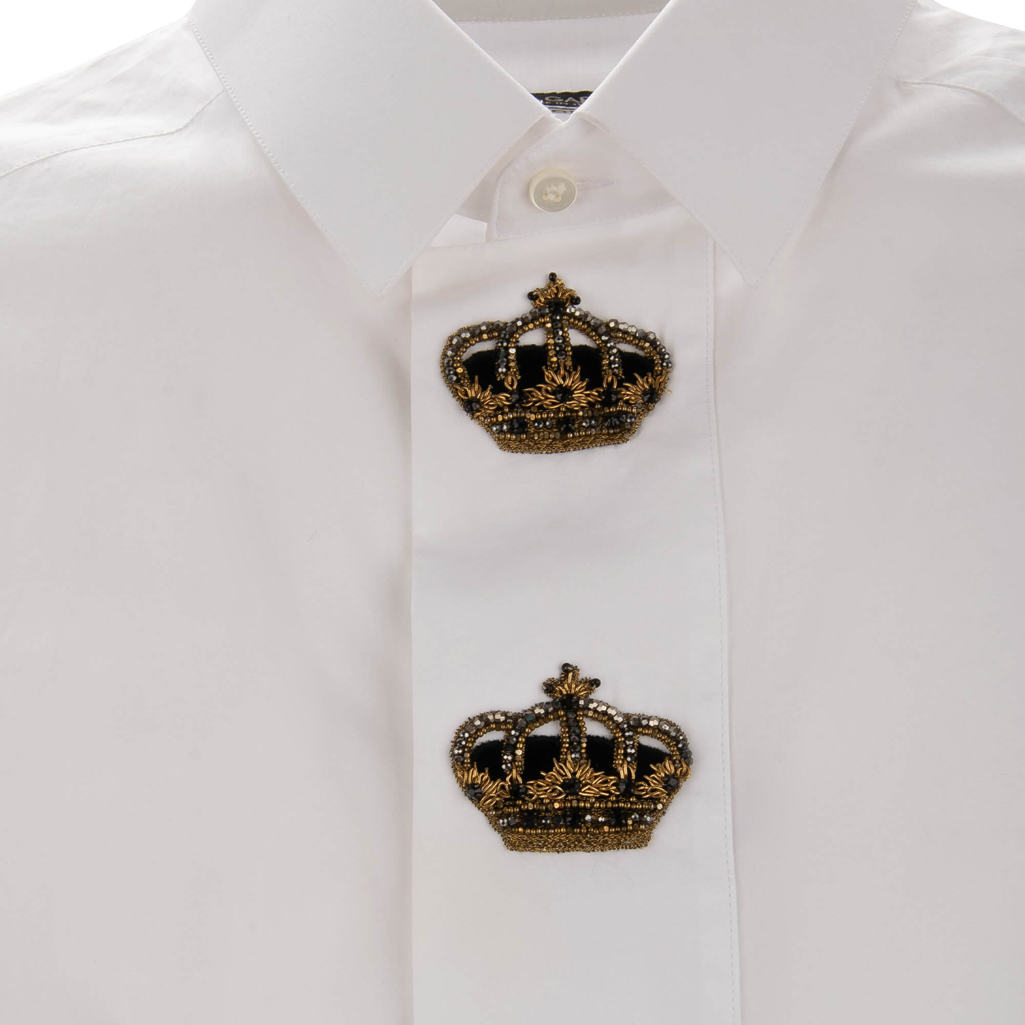 Cotton shirt with baroque pearl, crystal embroidered crowns in white by DOLCE & GABBANA