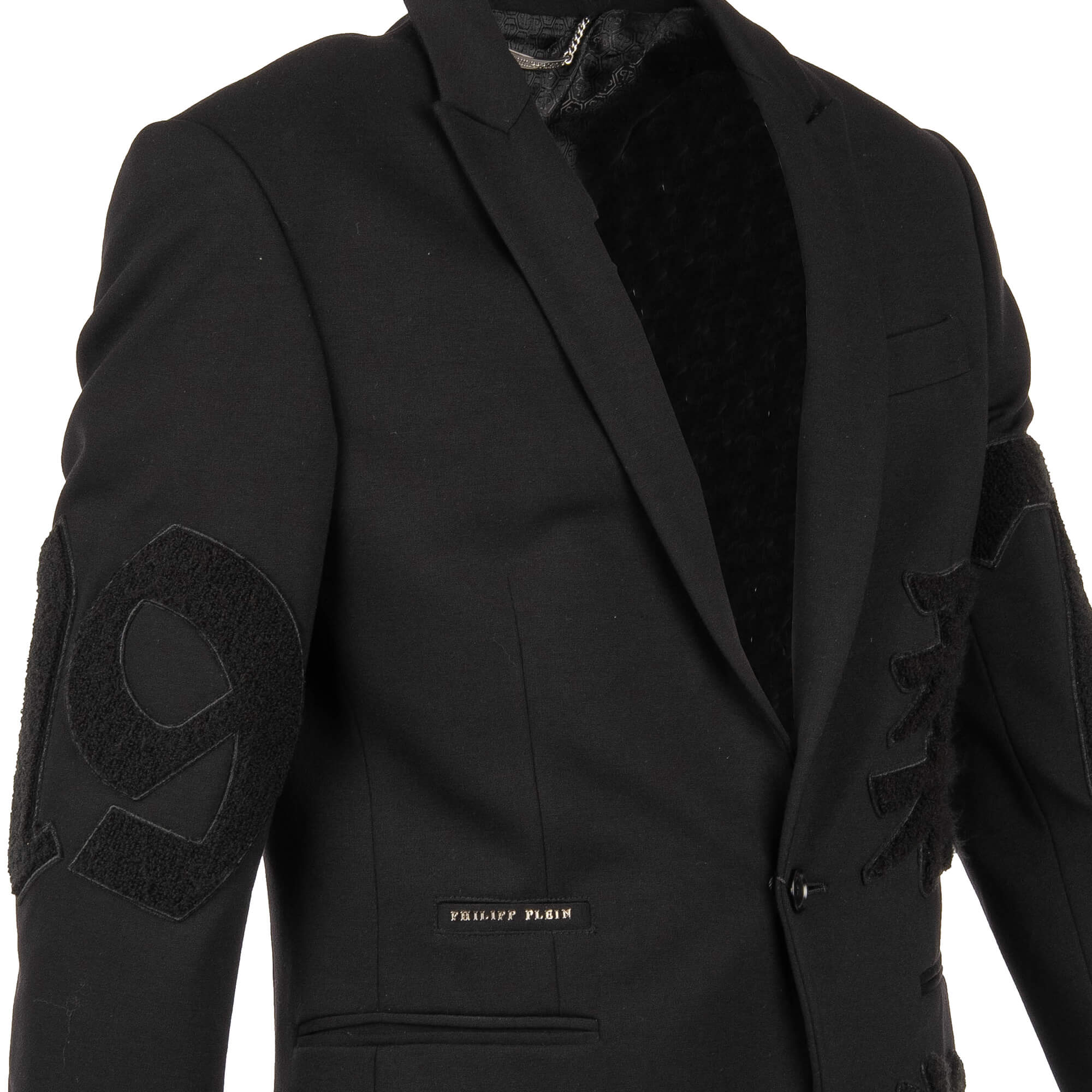 Blazer SPECIAL TWO with embroidered hieroglyphs, embroidered logo on leather at the back and logo in front by PHILIPP PLEIN