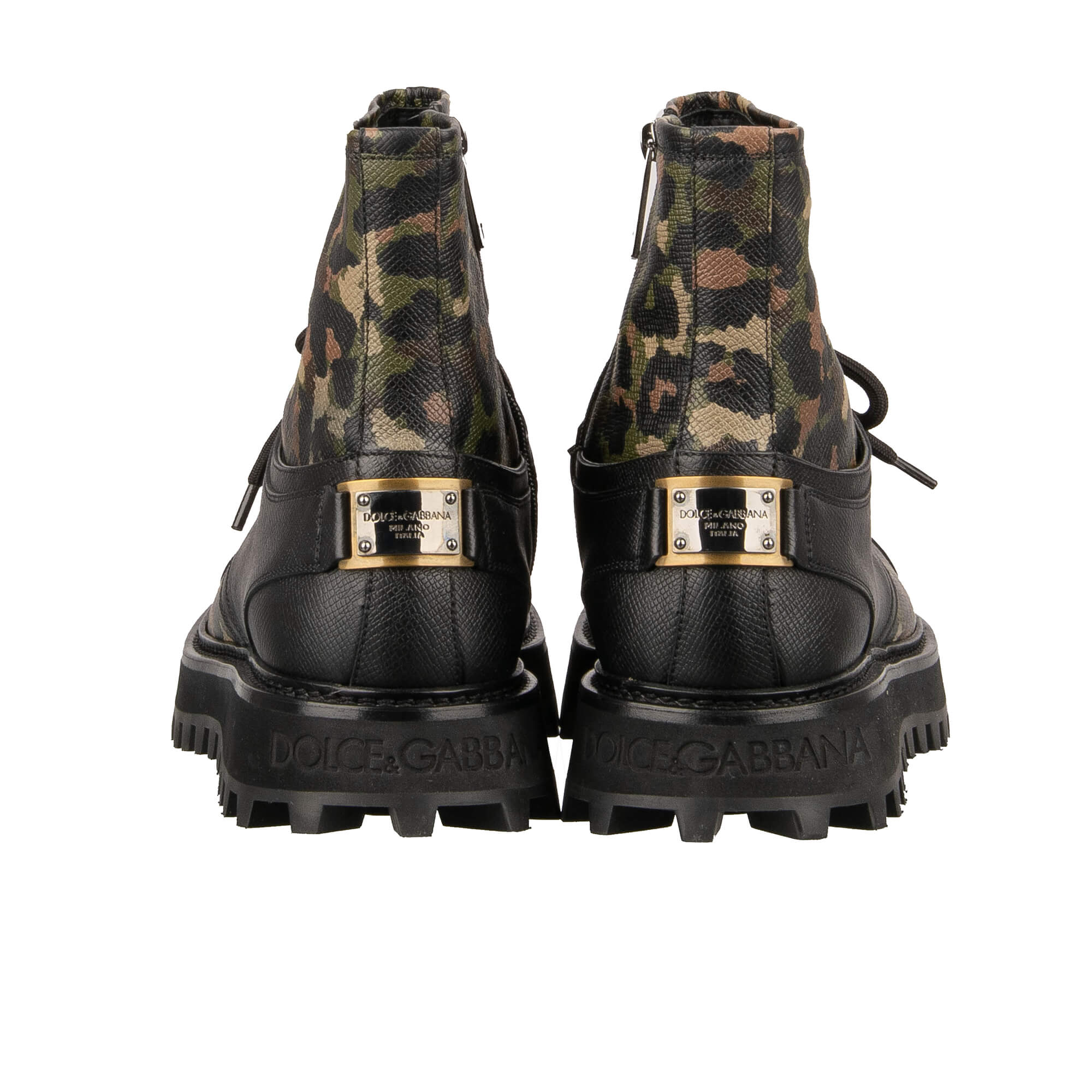 Combat Stiefeletten BERNINI aus Dauphine Leder mit Logo Schild in Camouflage und Schwarz von DOLCE & GABBANA