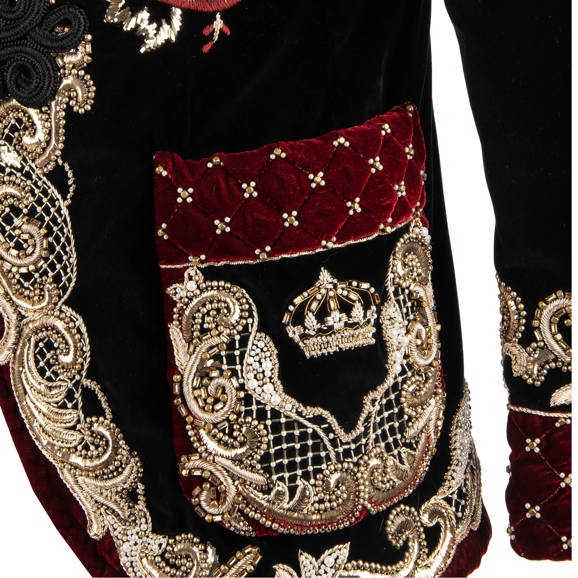 Stunning Baroque Style velvet tuxedo / blazer with handmade golden seam and pearls all-over embroidery, rope fastening studded shawl lapel and pockets by DOLCE & GABBANA