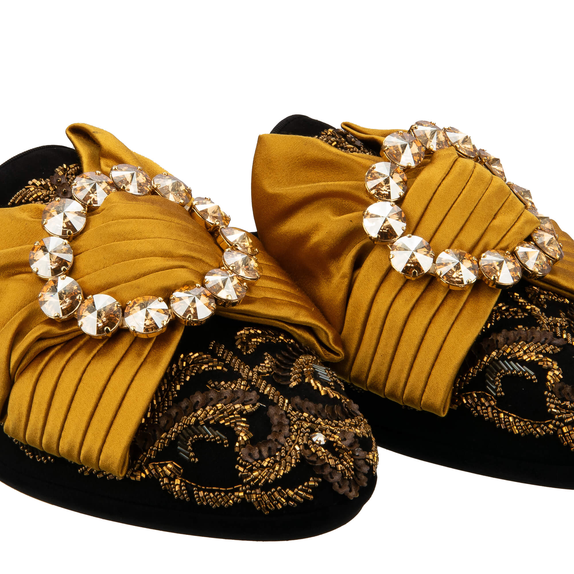 Suede leather slipper shoes MARCELLO with crystal brooch silk bow and pearl crystal embroidery in black and gold by DOLCE & GABBANA
