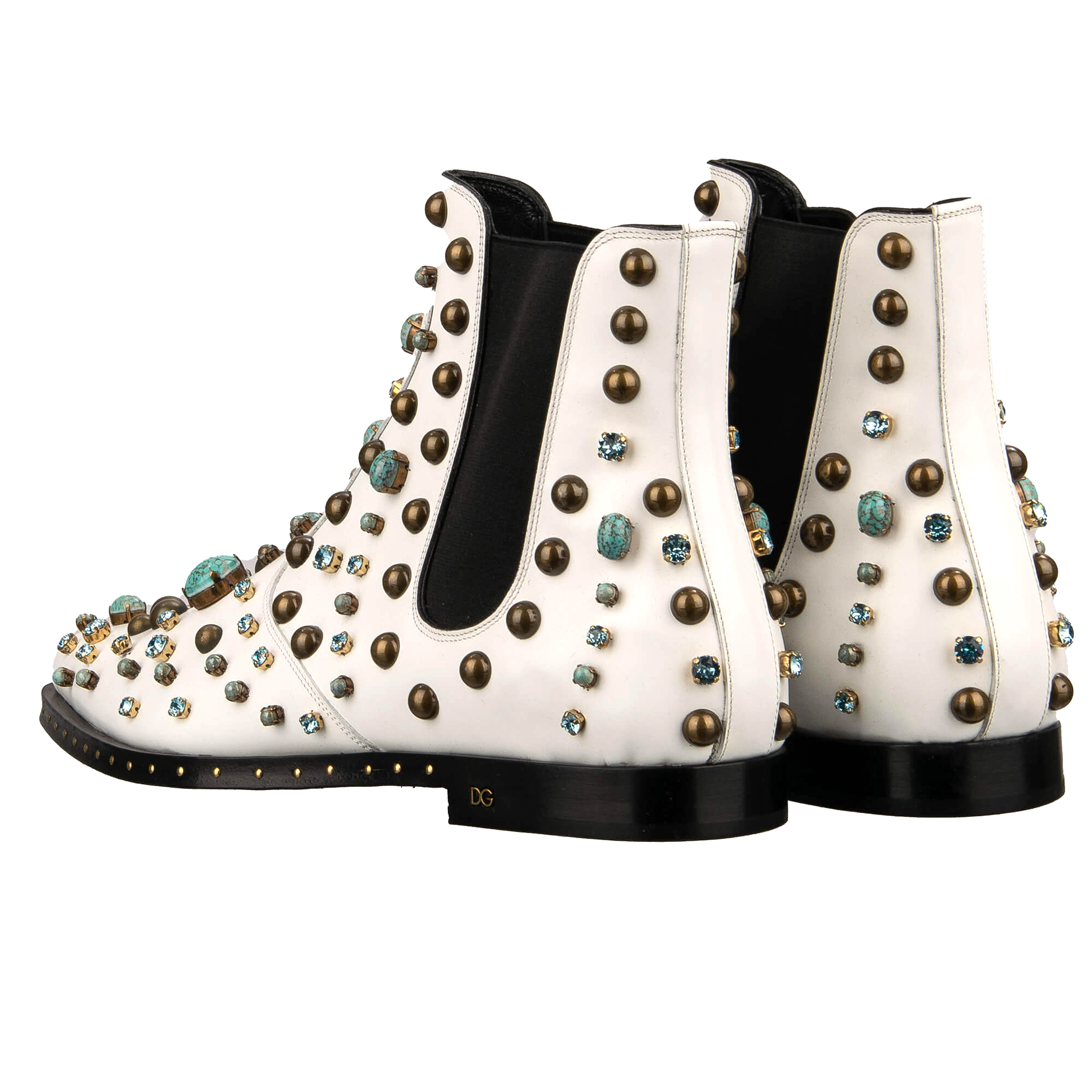 Stiefeletten Schuhe MILLENNIALS aus Leder mit Kristallen, Nieten und Steinen und Absatz mit DG Logo in Weiß von DOLCE & GABBANA