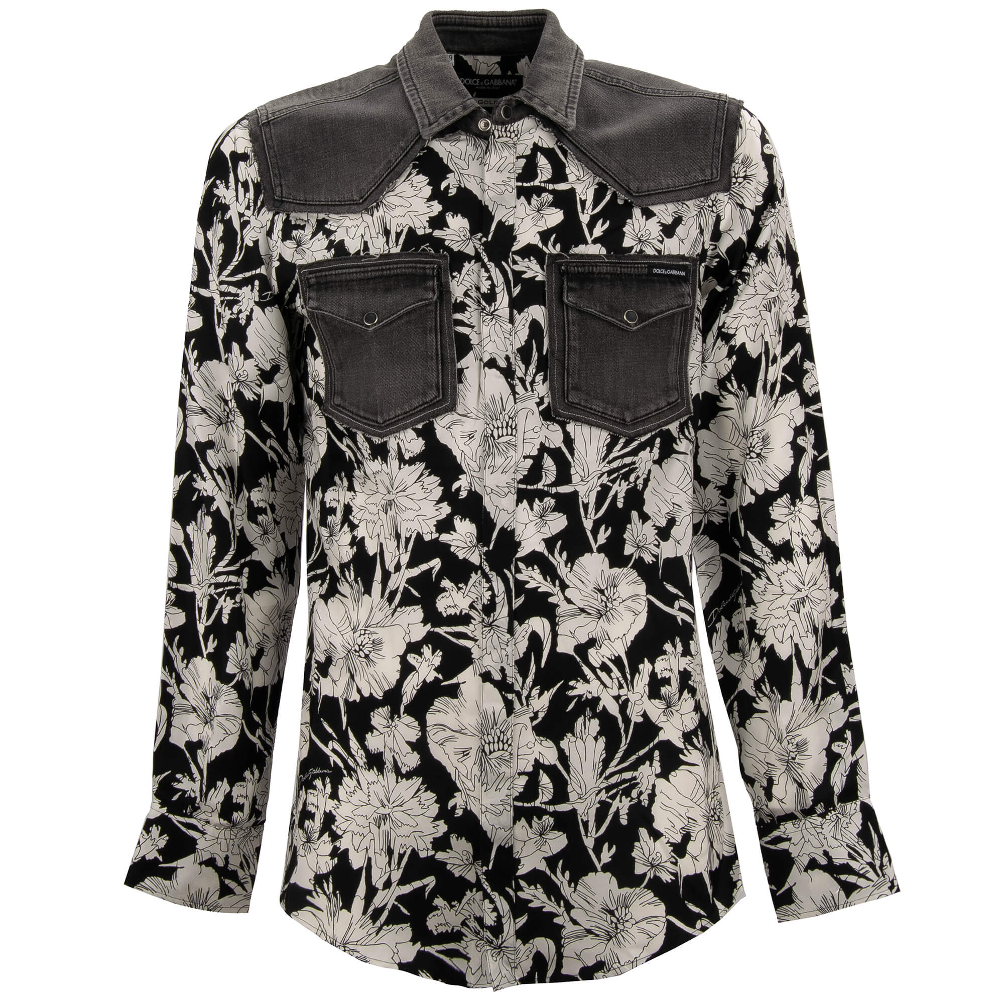 Flower Denim Jeans Silk Press Button Shirt GOLD Black White