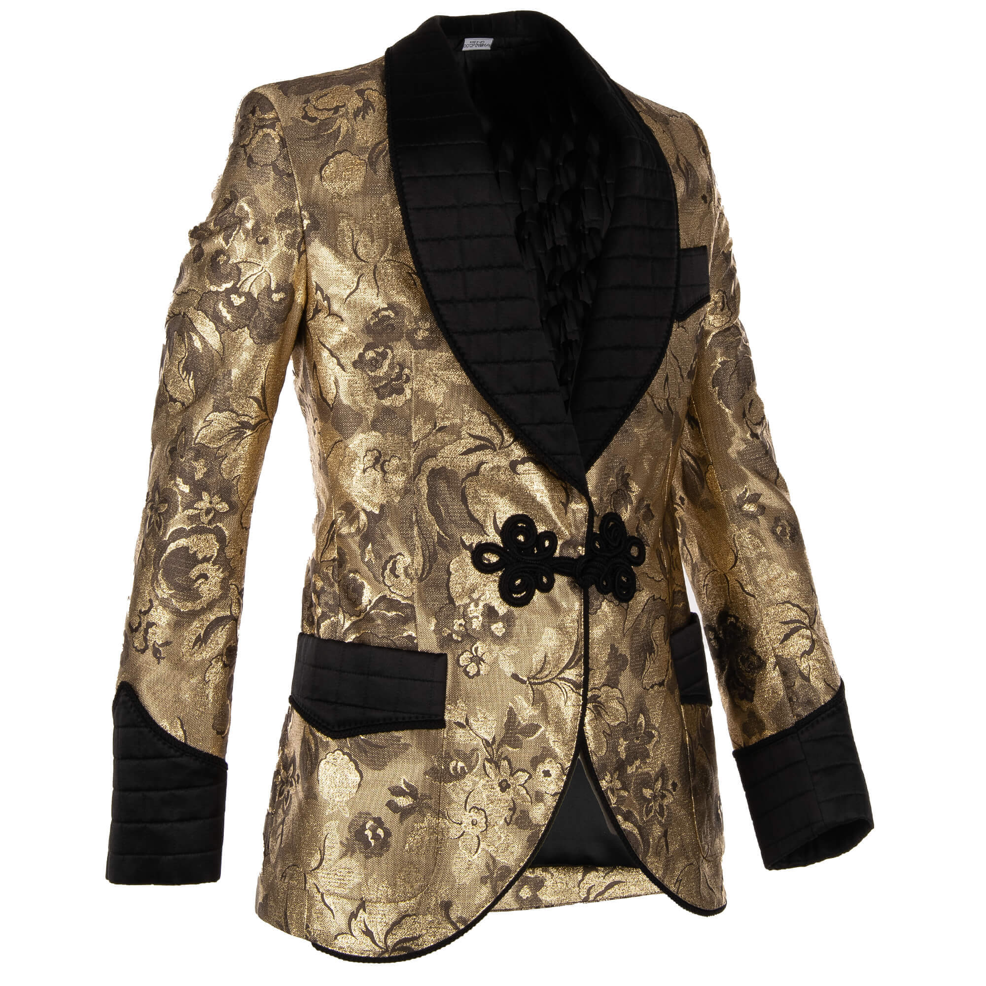 Floral Baroque Style lurex tuxedo / blazer in gold and black with rope fastening and contrast black quilted shawl lapel, cuffs and pockets by DOLCE & GABBANA