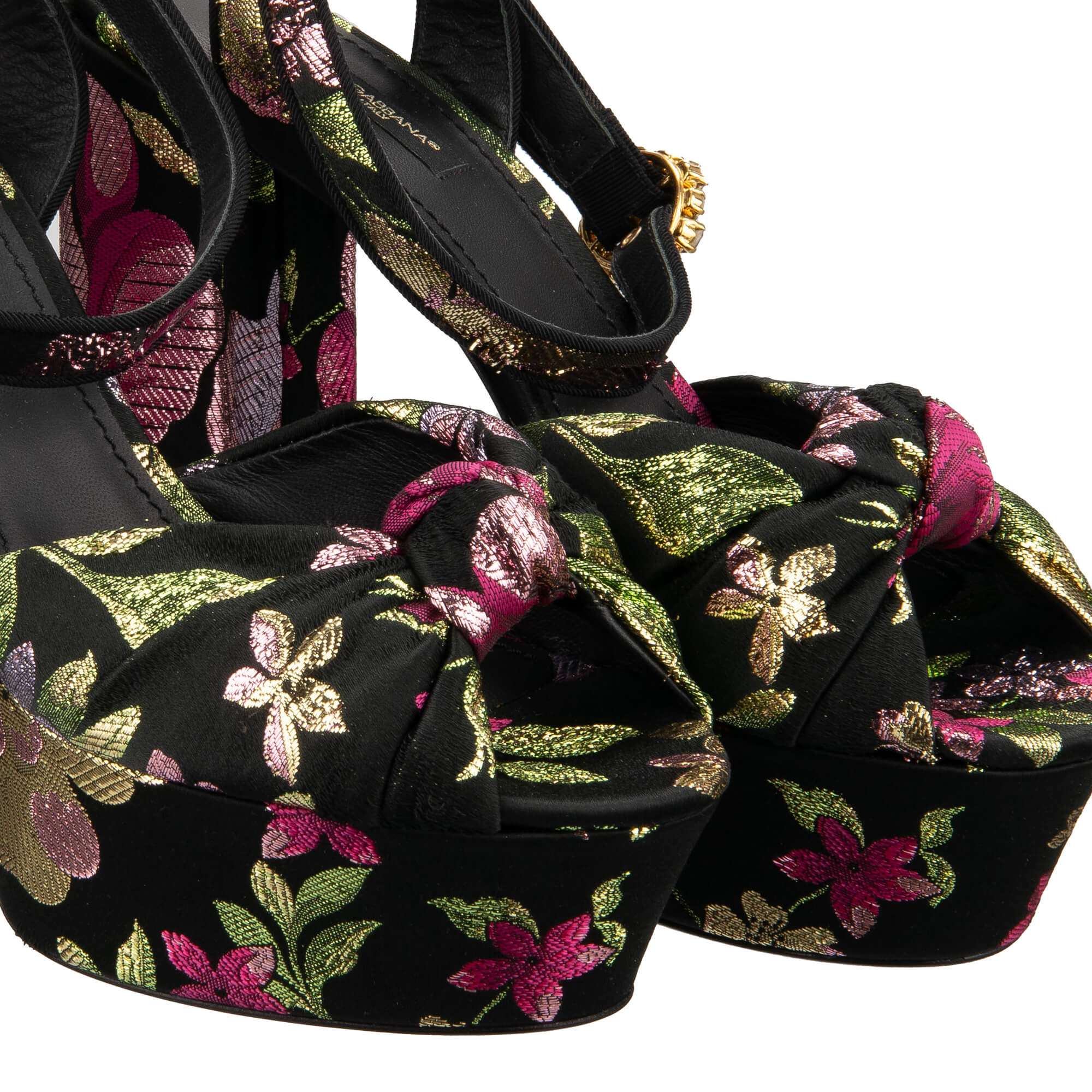 Flower Jacquard Plateau Leather Sandals KEIRA with crystal buckle in black, pink and green by DOLCE & GABBANA