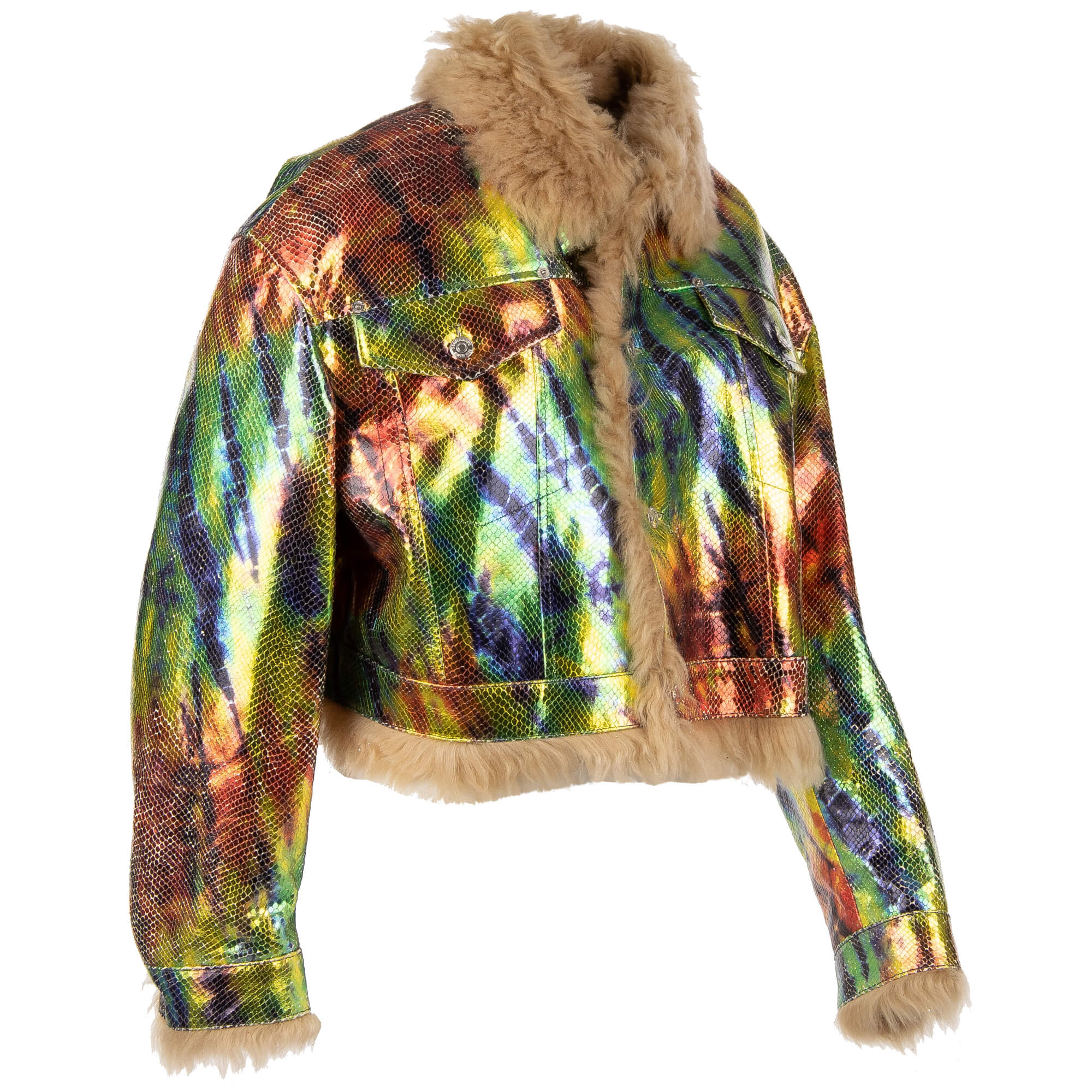 Jacke / Parka aus Leder und Pelz mit Perlen Stickerei in Rot, Schwarz und Grün von DSQUARED