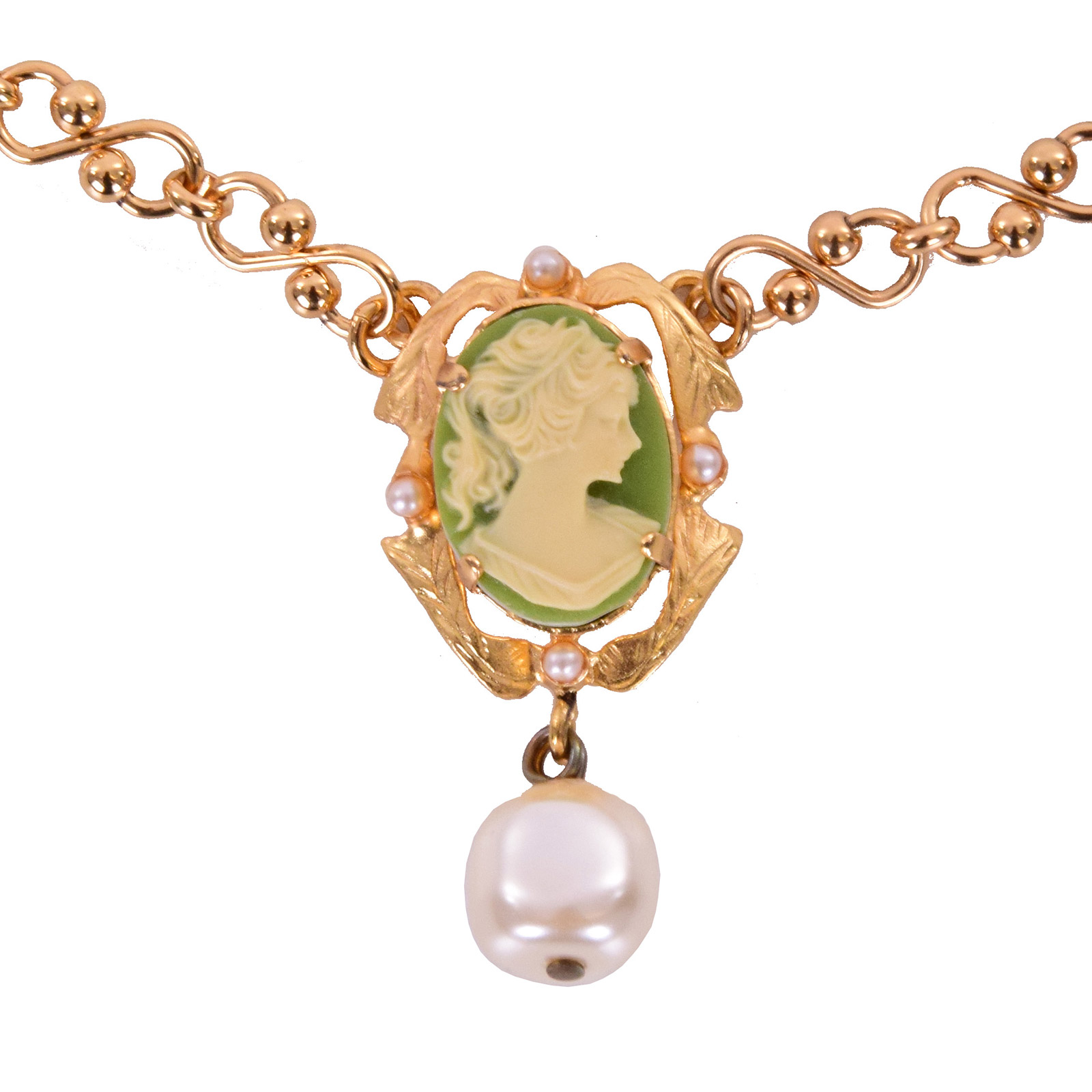 "Cameo" Barock Kette mit grünem Kamee-Anhänger und Kunstperlen in Gold von DOLCE & GABBANA 