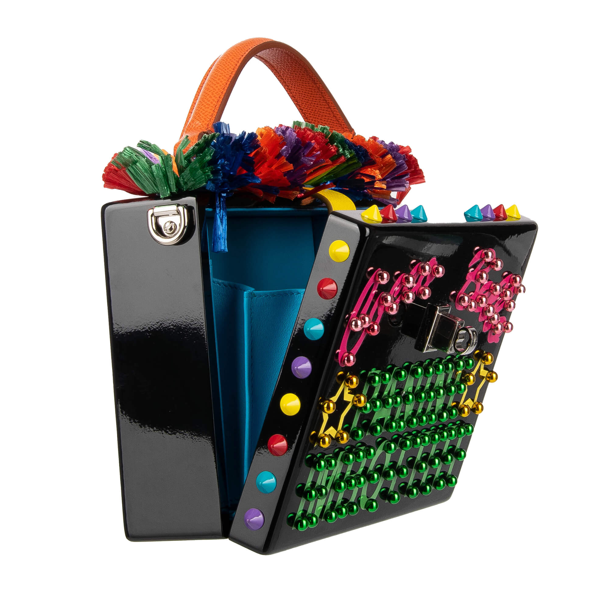 Unique wooden clutch / evening bag DOLCE BOX with Raffia trim, "Cocco Bello Panini Imbottiti" text, multicolor studs and decorative padlock by DOLCE & GABBANA