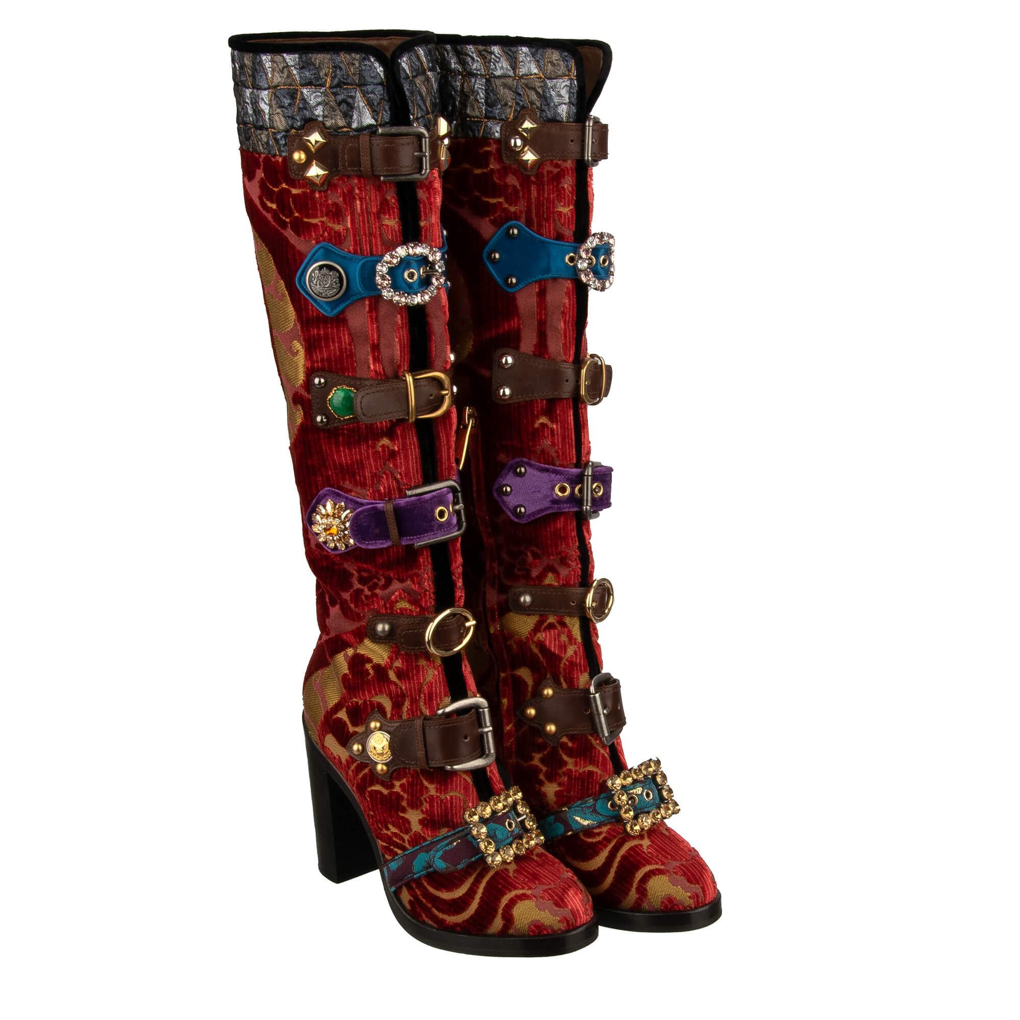 Baroque Jacquard Crystal Brooch Pearl Leather Boots Red 39 US 9 