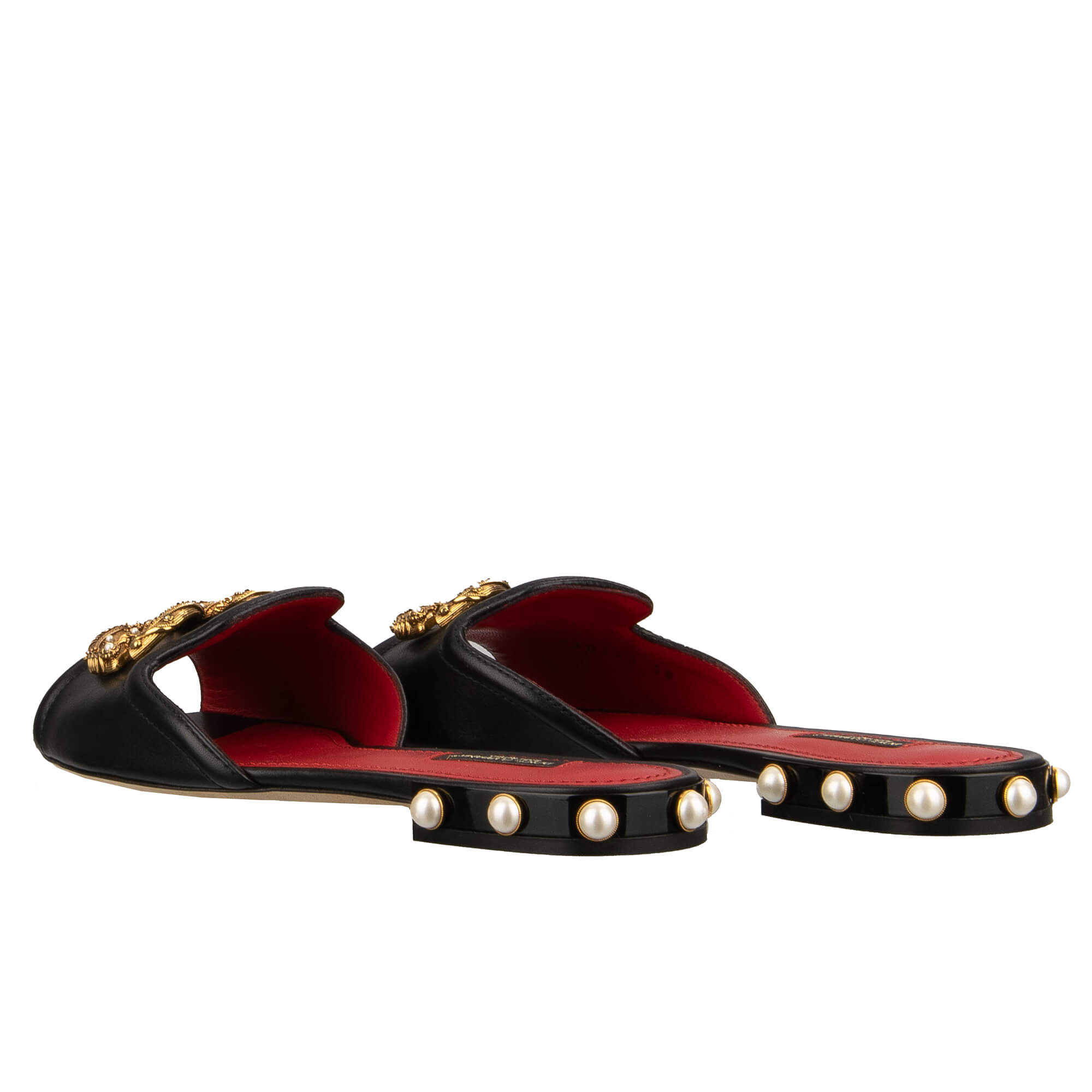 Slide Sandalen aus Leder mit DG Amore Logo und Perlen in schwarz von DOLCE & GABBANA