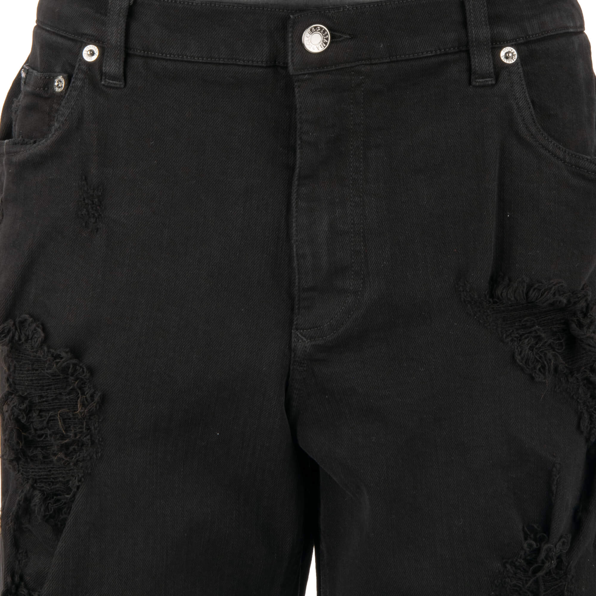 Distressed Denim Shorts with DG metal logo plate in black and red by DOLCE & GABBANA 