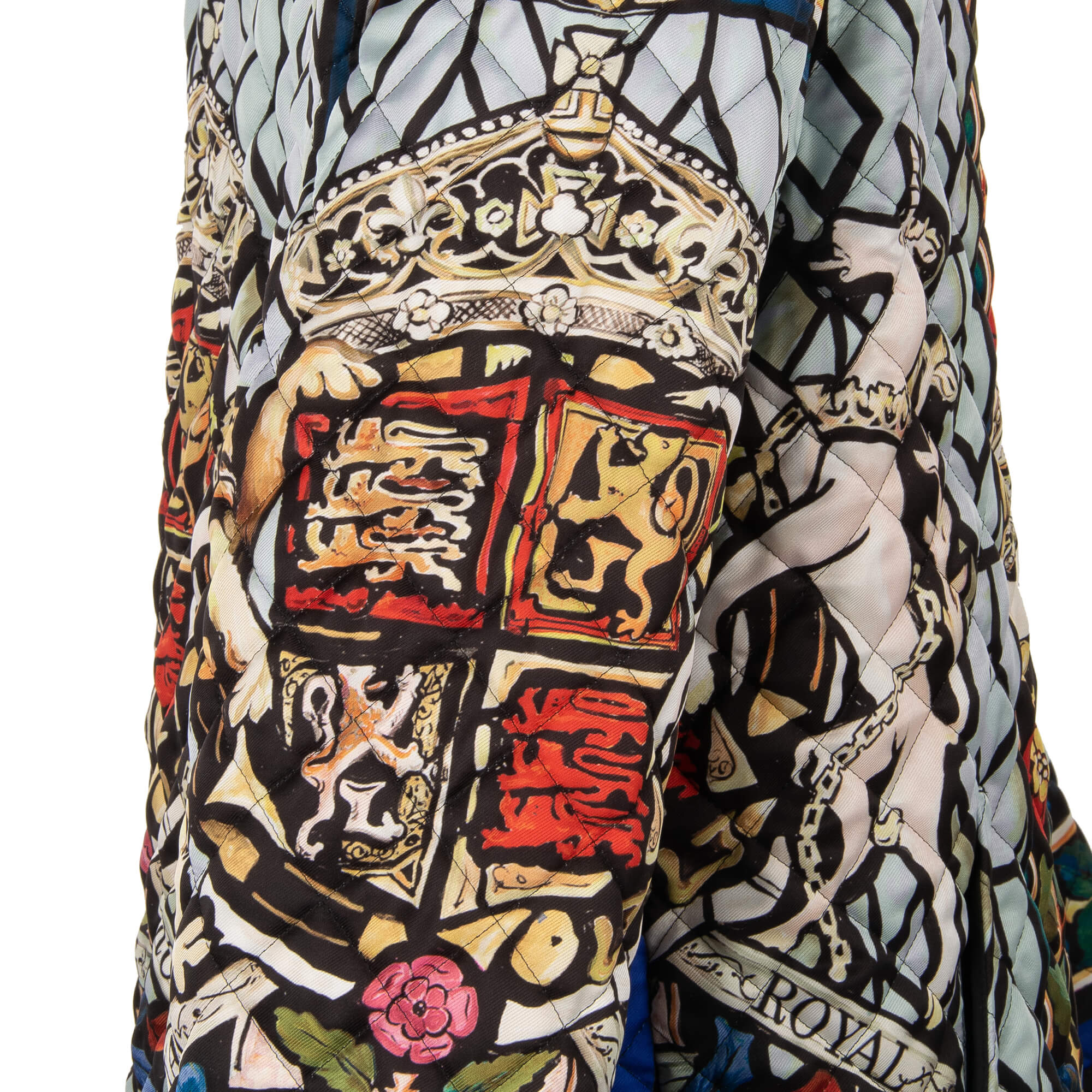 Quilted silk Royal King jacket with heraldry, lions, crowns and flowers print, pockets and snap button closure by DOLCE & GABBANA