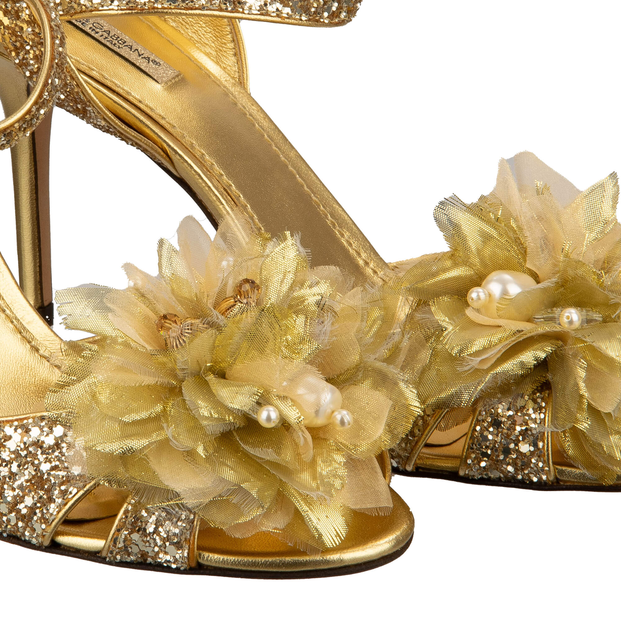 Glitzer Sandalen BIANCA mit Kristallen Perlen Blume Brosche in Gold von DOLCE & GABBANA 