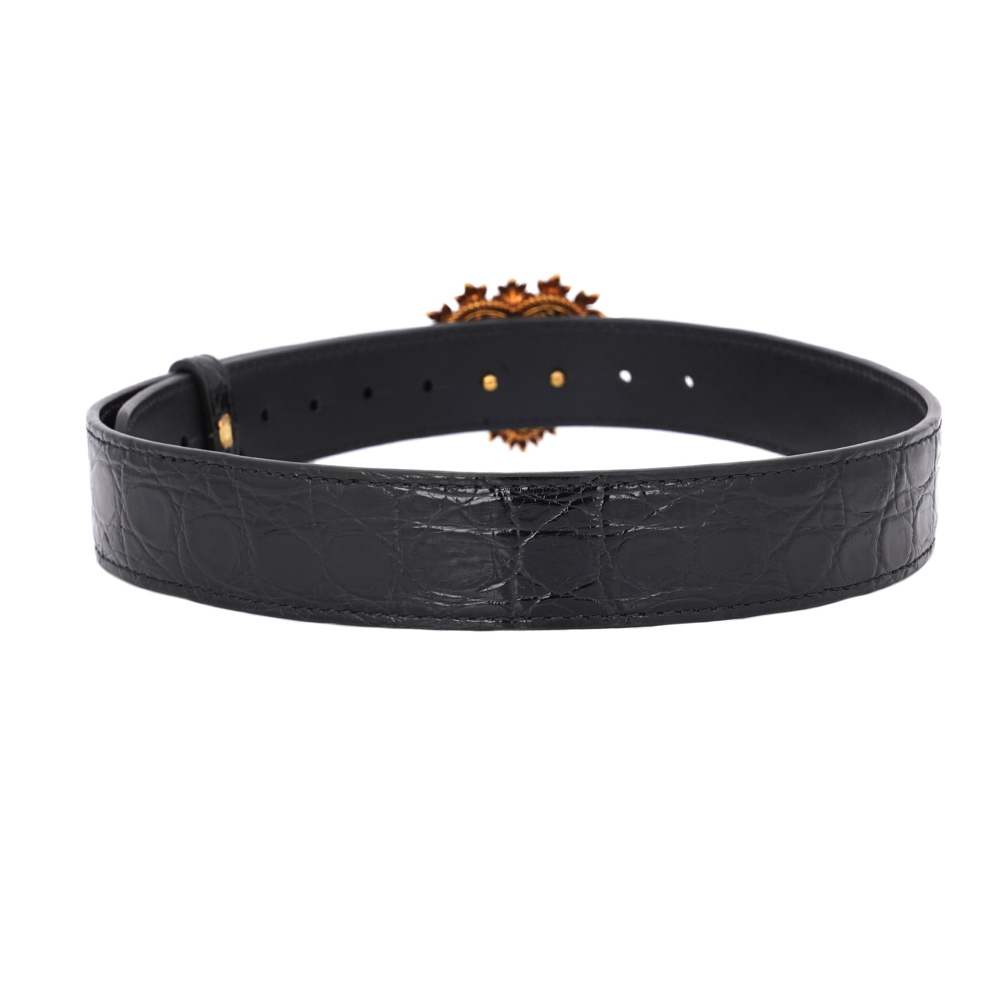 DEVOTION crocodile and calf leather Belt embellished with Pearl and Crystal Metal Heart in black and gold by DOLCE & GABBANA 