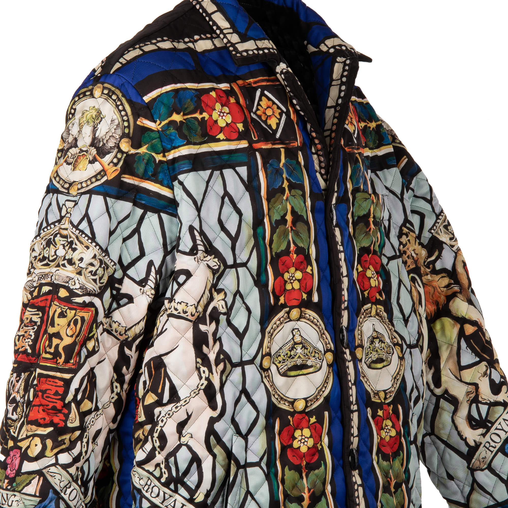 Quilted silk Royal King jacket with heraldry, lions, crowns and flowers print, pockets and snap button closure by DOLCE & GABBANA