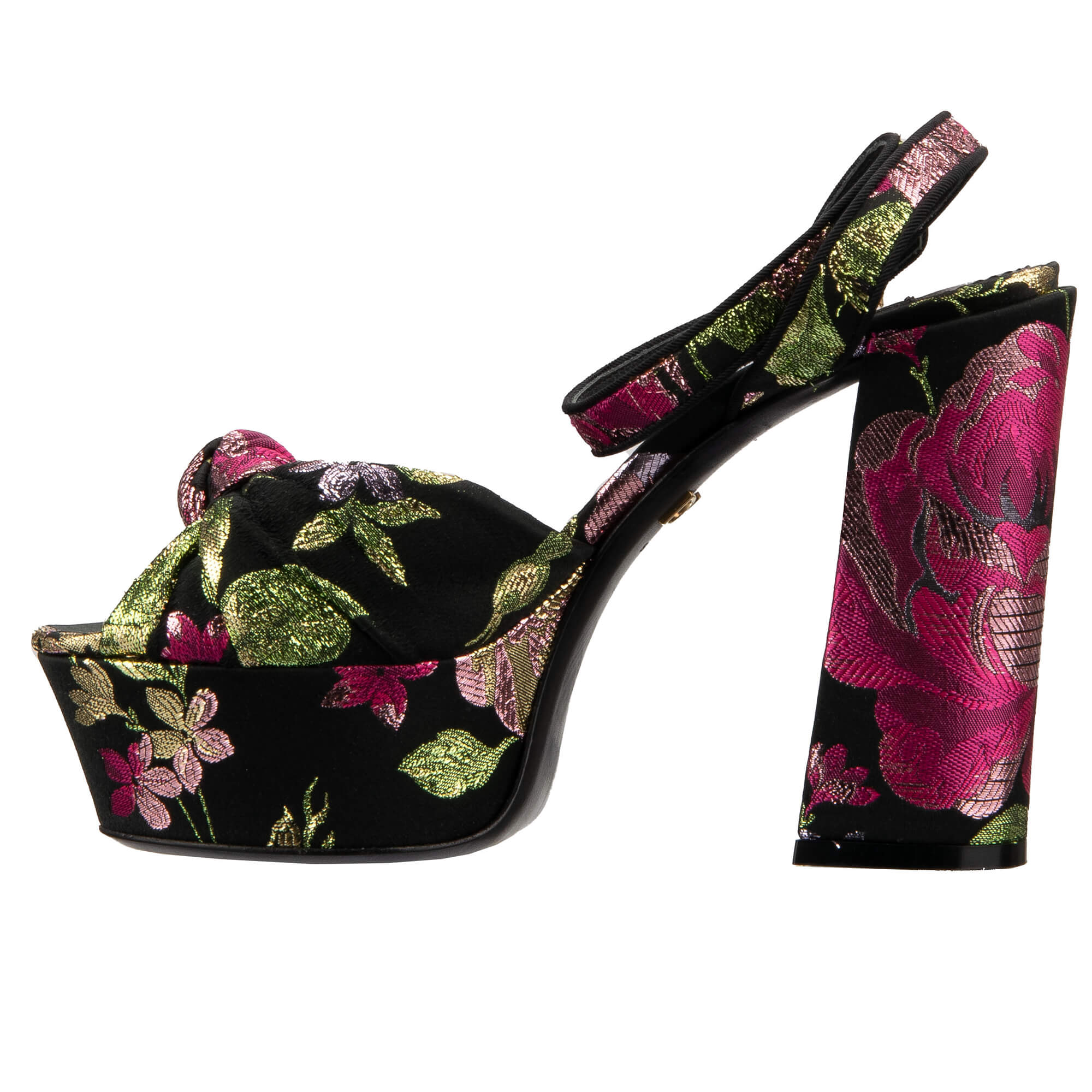 Flower Jacquard Plateau Leather Sandals KEIRA with crystal buckle in black, pink and green by DOLCE & GABBANA
